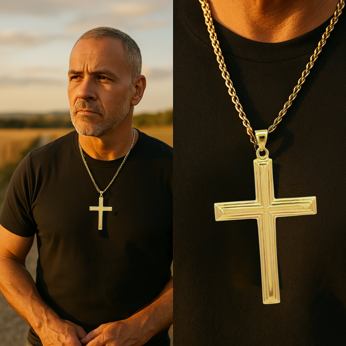 14K yellow gold XXL cross pendant with polished beveled edges handcrafted religious jewelry made in the USA on man