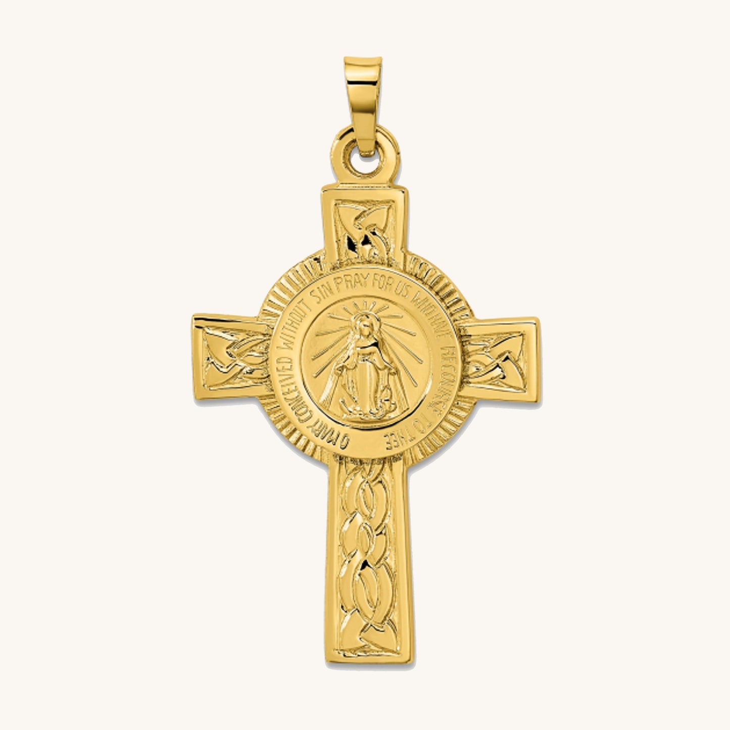 Solid 14K Yellow Gold Miraculous Virgin Mary Cross Pendant L front image