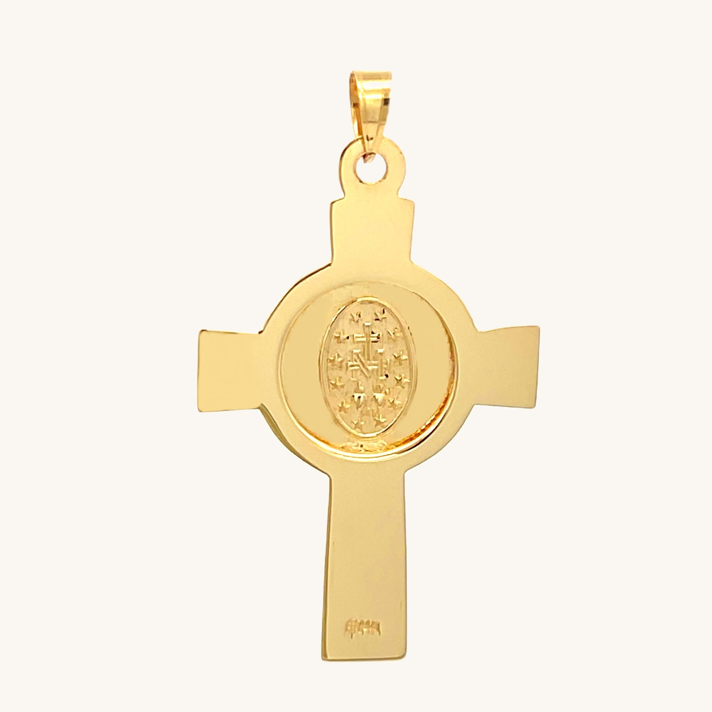 Solid 14K Yellow Gold Miraculous Virgin Mary Cross Pendant L back image