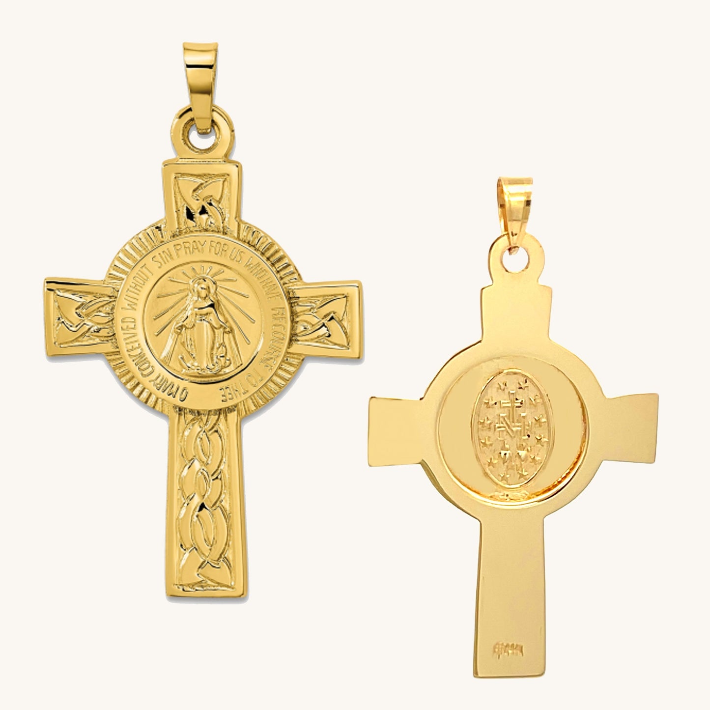 Solid 14K Yellow Gold Miraculous Virgin Mary Cross Pendant L front and back image