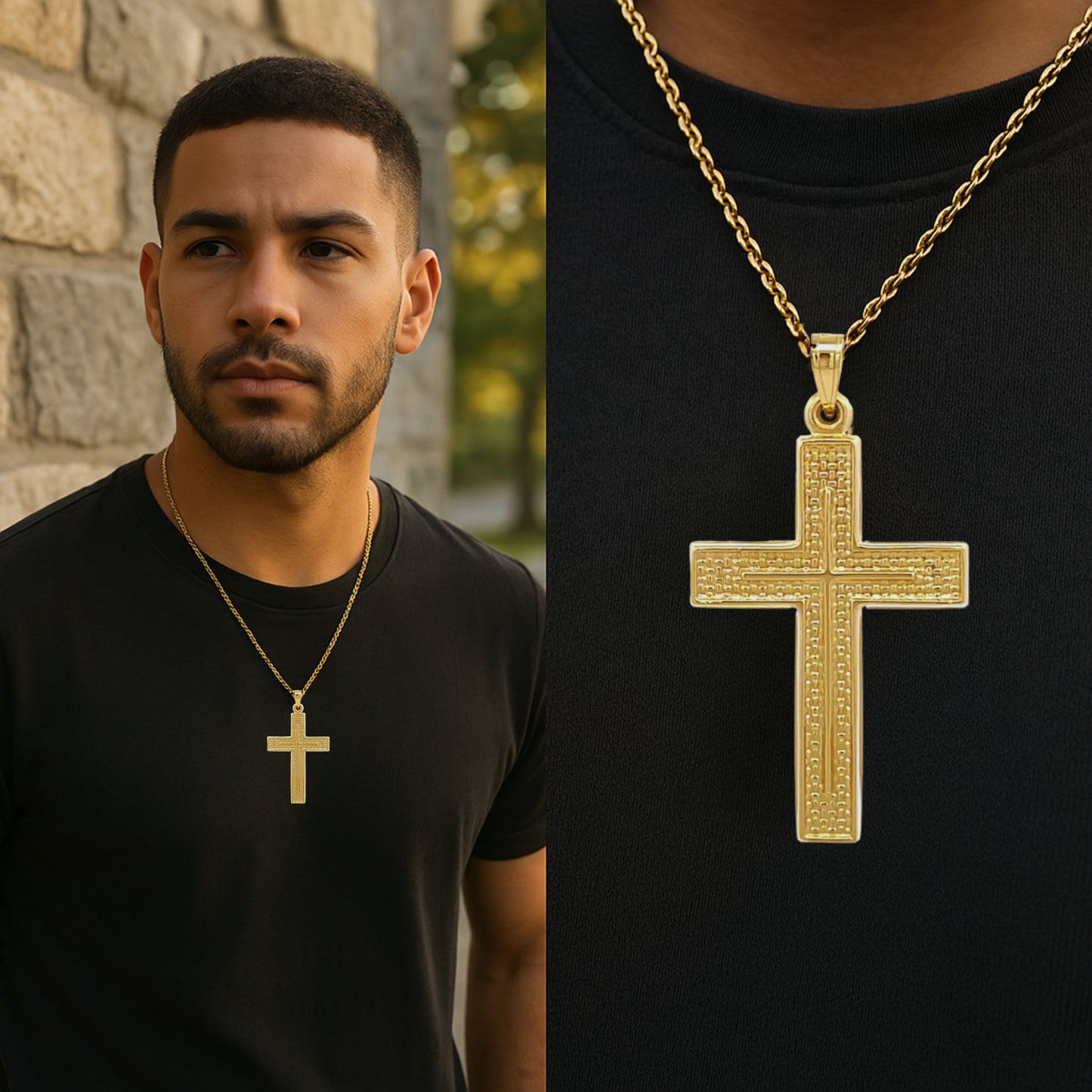 14K Yellow Gold Textured Cross L Lifestyle on mean wearing pendant necklace