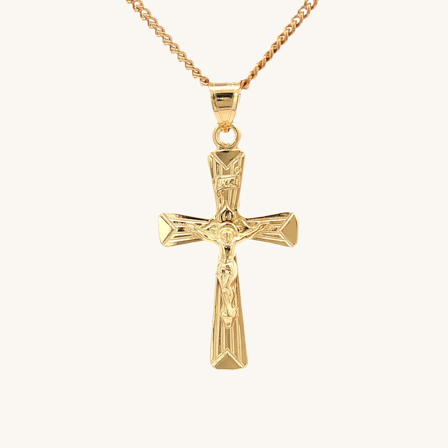 Solid 14K Double Bonded Gold Flower INRI Crucifix pendant only M S size on chain image