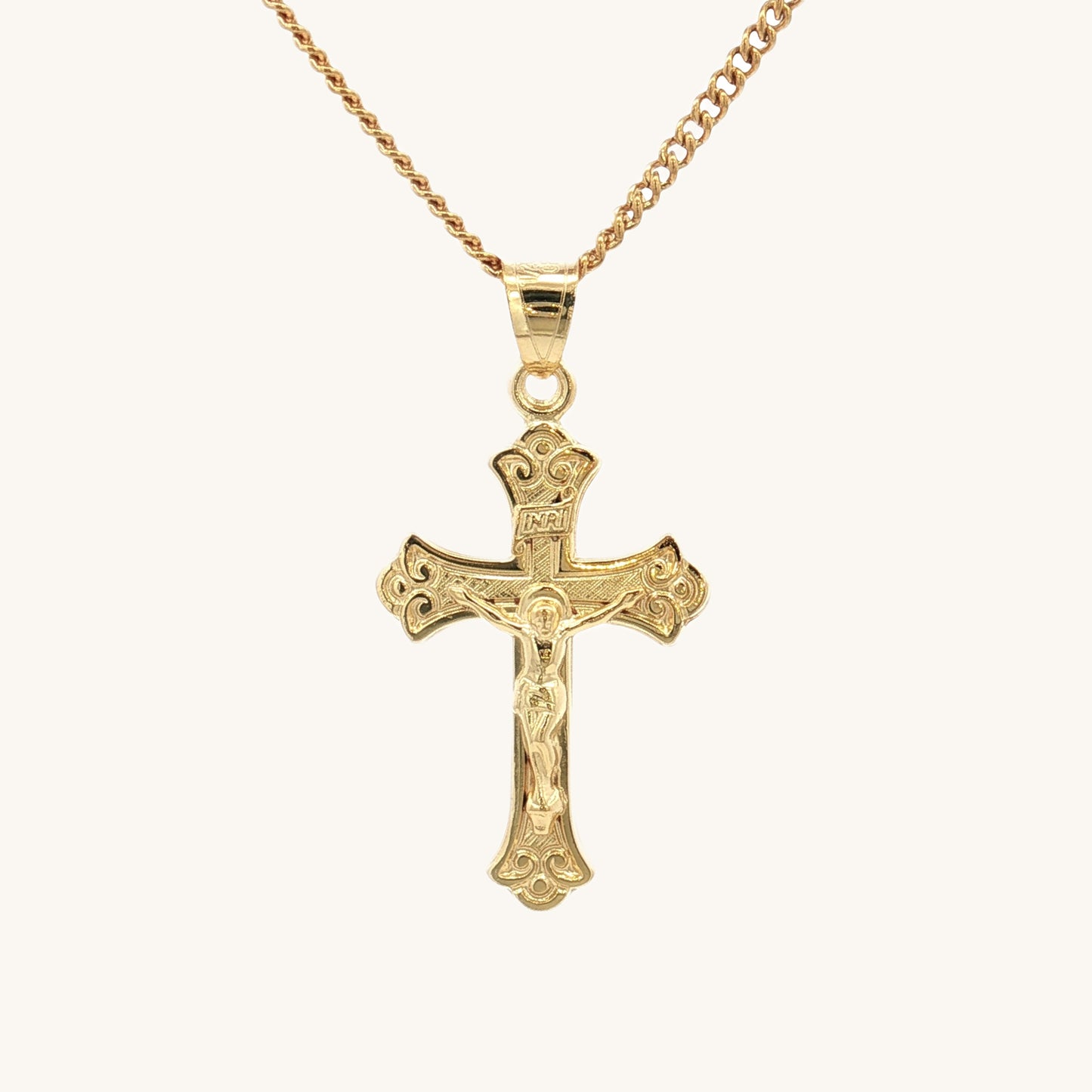 Solid 14K Double Bonded Gold INRI Crucifix M S sizes pendant only on chain image
