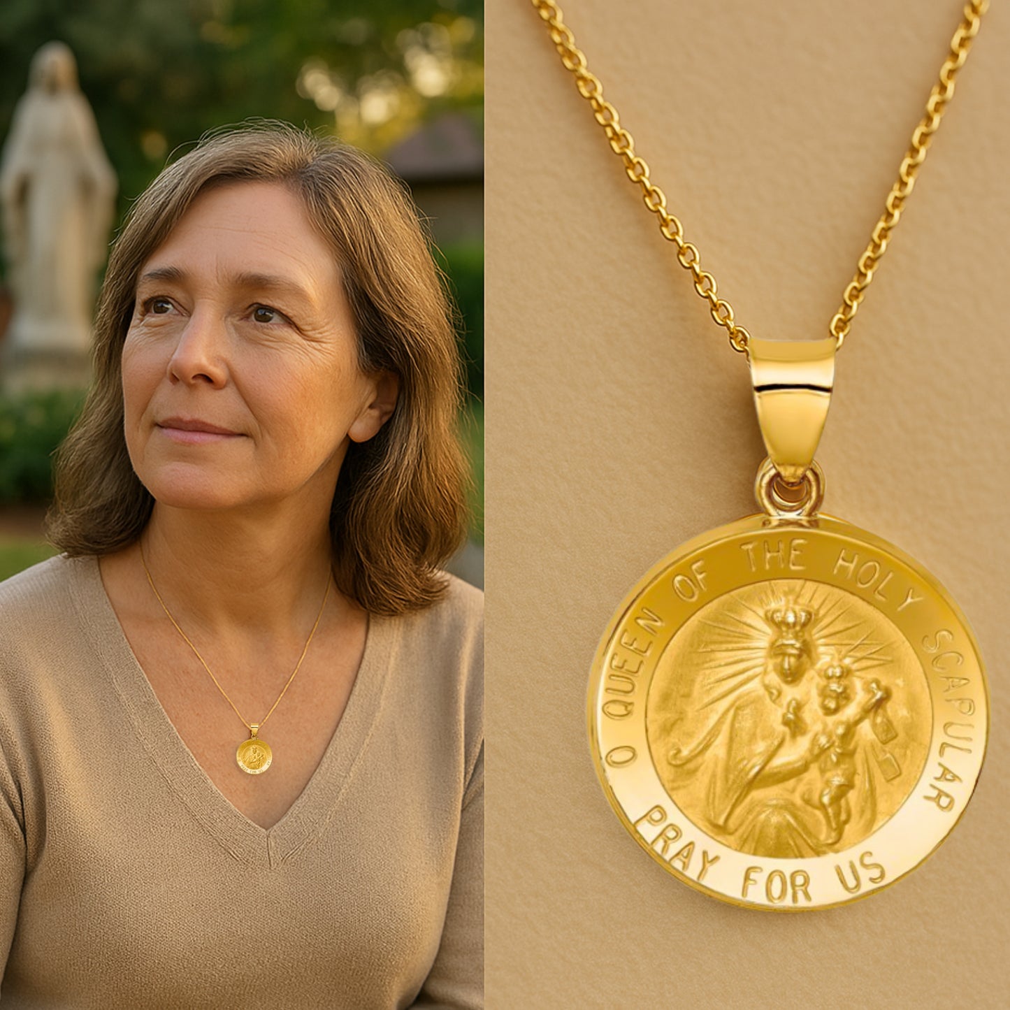 14K White Yellow Gold Holy Scapular Medal XL L M S lifestyle image woman wearing pendant on chain