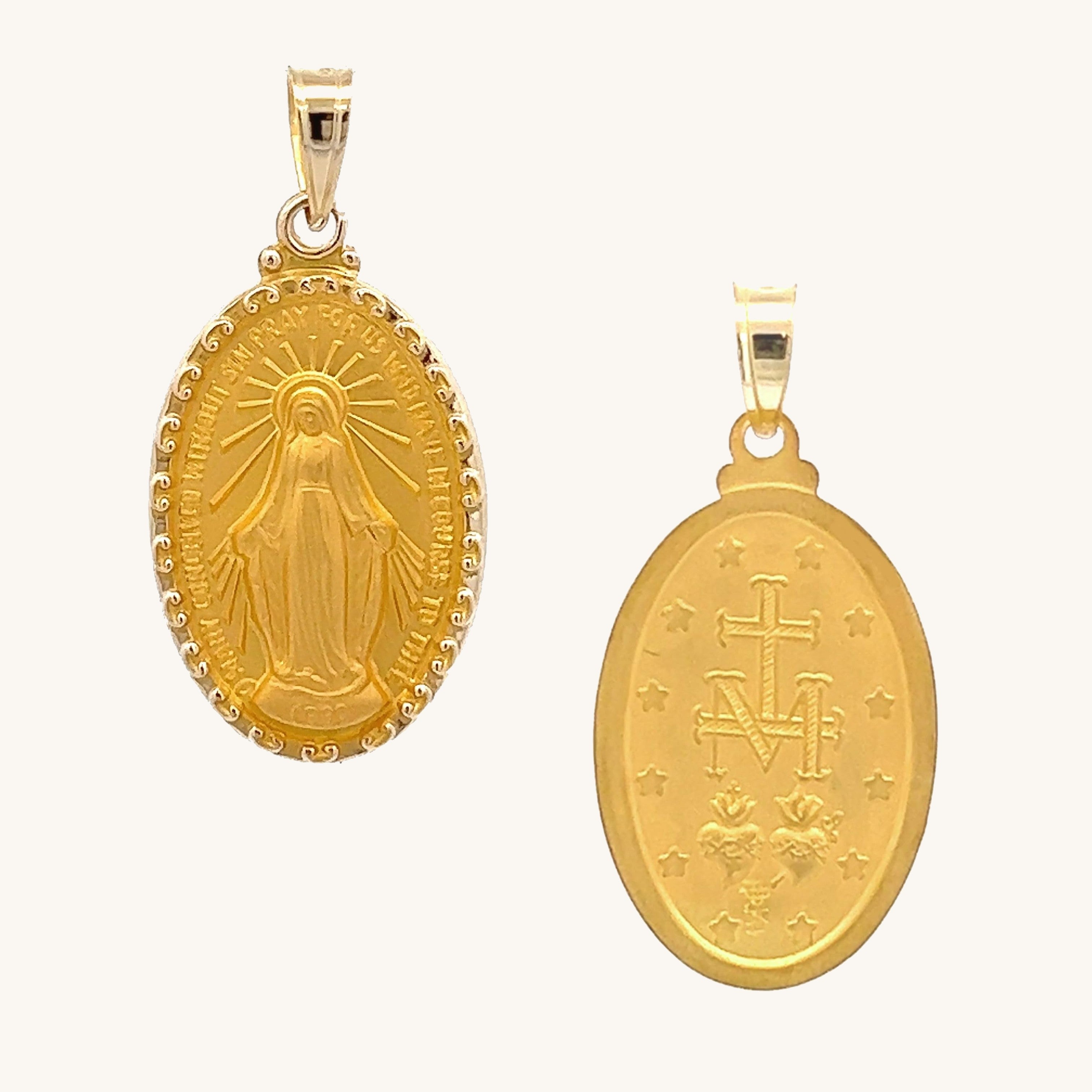 SOLID 14K GOLD MIRACULOUS VIRGIN MARY RAISED TWO-SIDED MEDAL OVAL