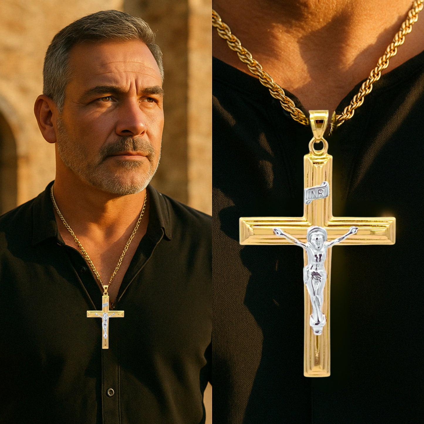 XXL 14K Two Tone gold INRI crucifix pendant with white gold Corpus of Christ on a polished yellow gold beveled cross, handcrafted religious jewelry made in the USA lifestyle image man wearing pendant on necklace