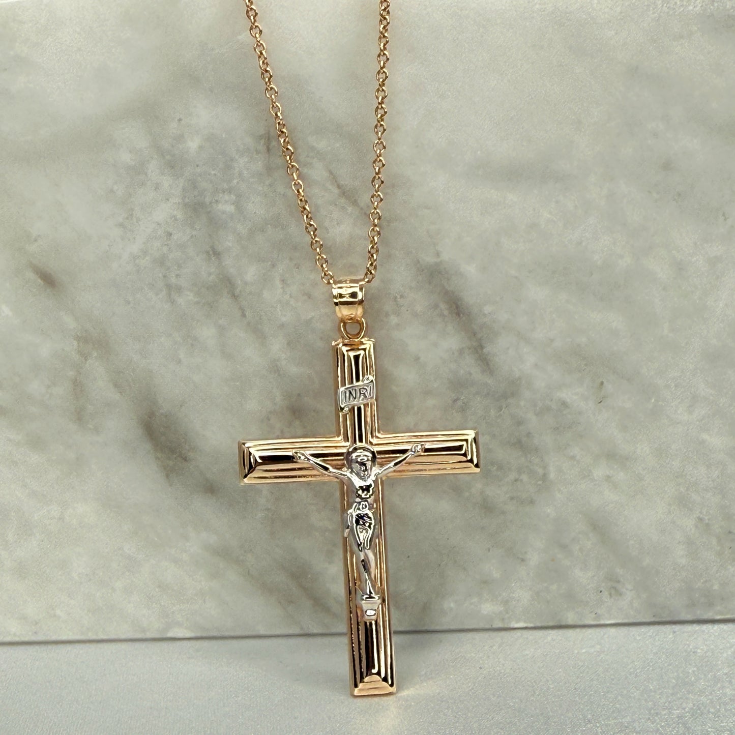 XXL 14K Two Tone gold INRI crucifix pendant with white gold Corpus of Christ on a polished yellow gold beveled cross, handcrafted religious jewelry made in the USA lifestyle image