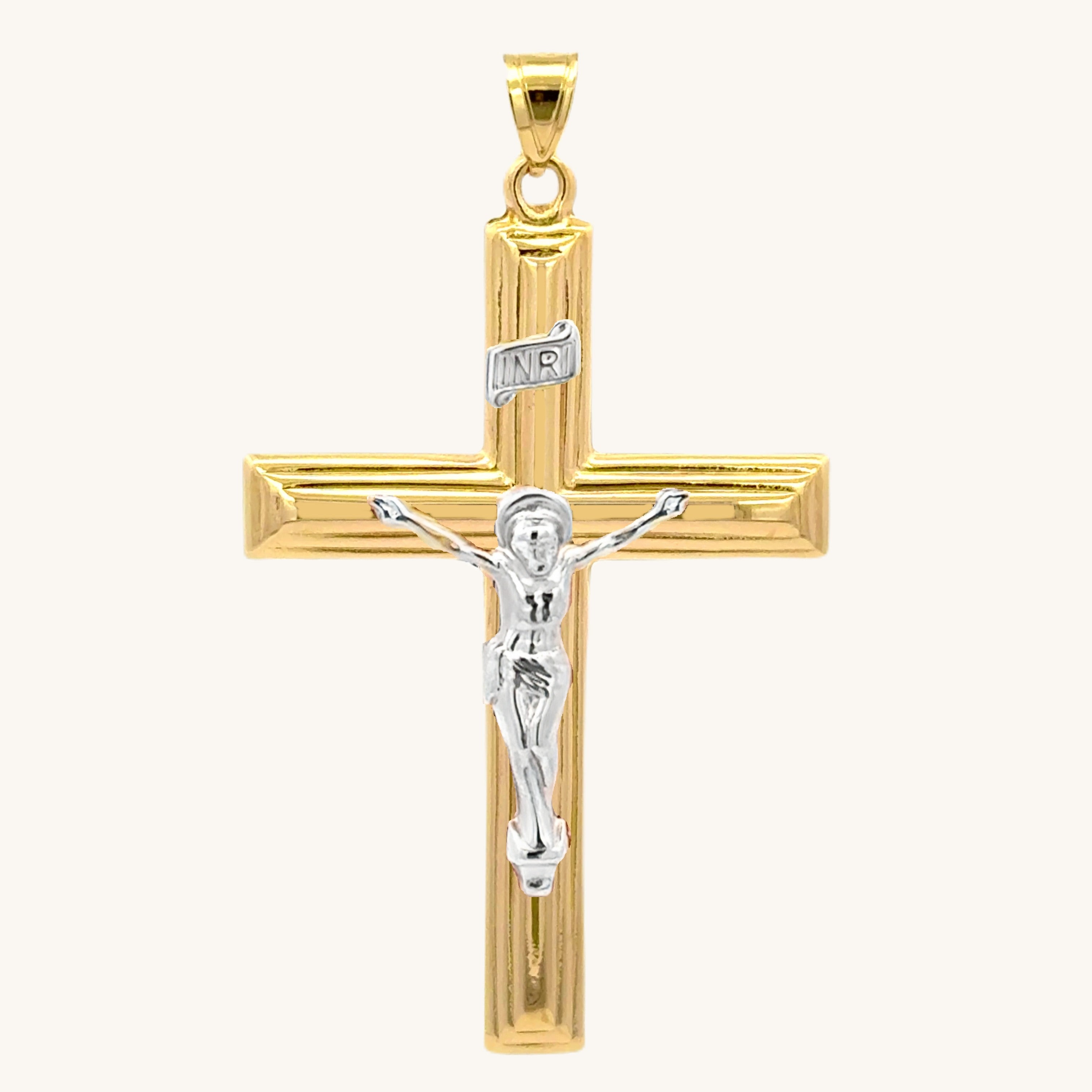 XXL 14K Two Tone gold INRI crucifix pendant with white gold Corpus of Christ on a polished yellow gold beveled cross, handcrafted religious jewelry made in the USA main image