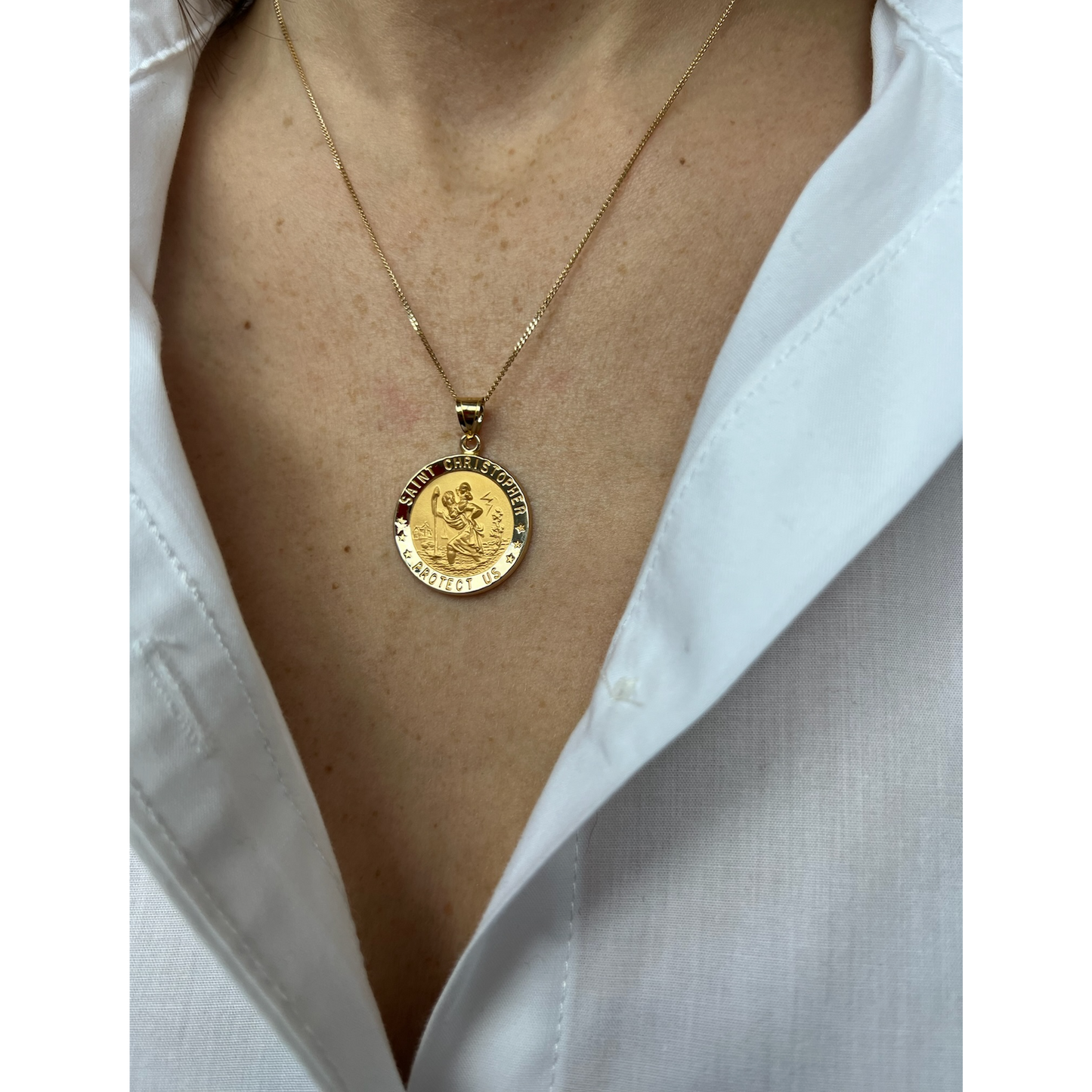 14K Yellow Gold Saint Christopher Medal on woman XS S M L XL White Gold