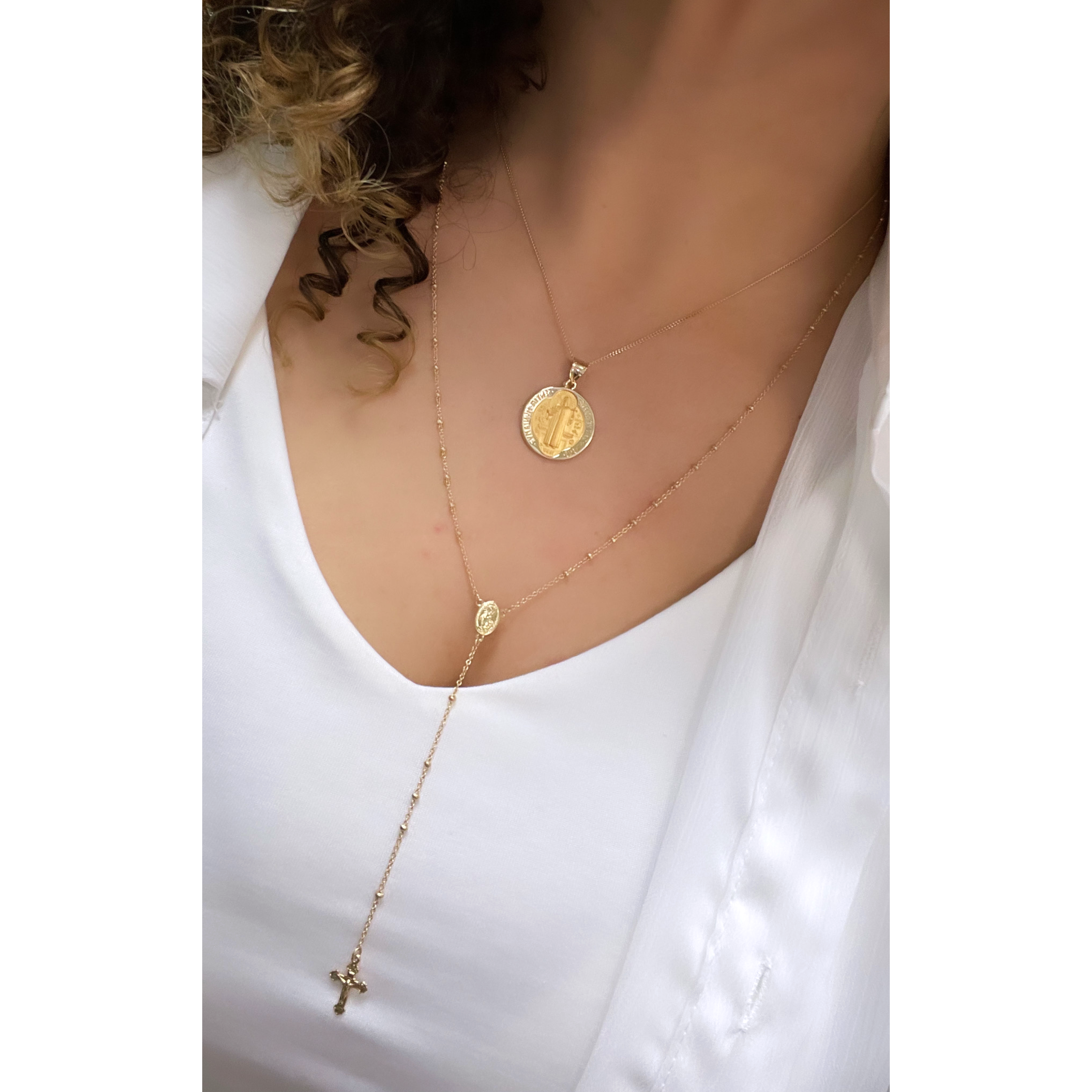 14K Yellow Gold Saint Benedict medal Necklace L M S Yellow White