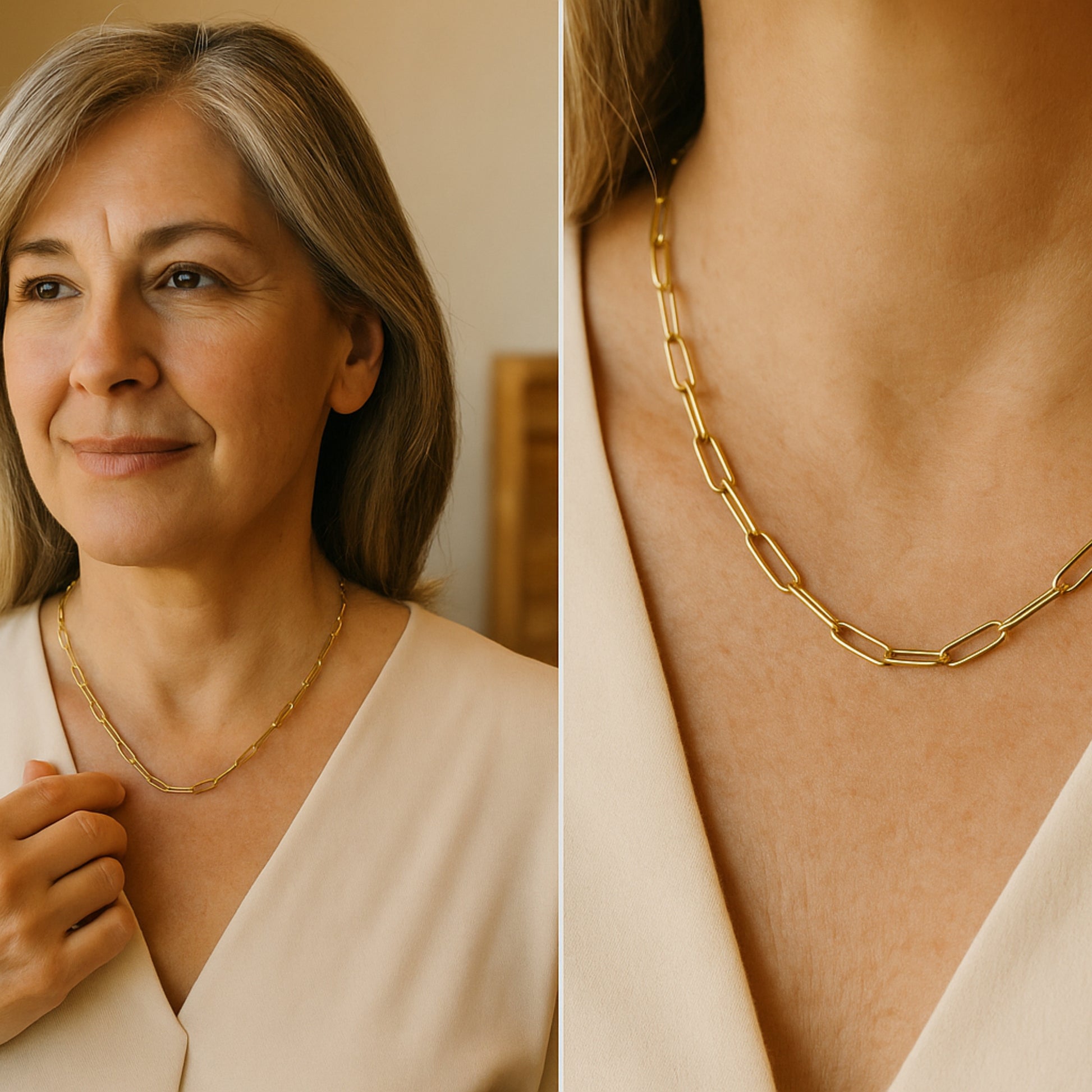 Solid 14K Double Bonded Gold 20-22" Adjustable paperclip chain yellow gold lifestyle close up image