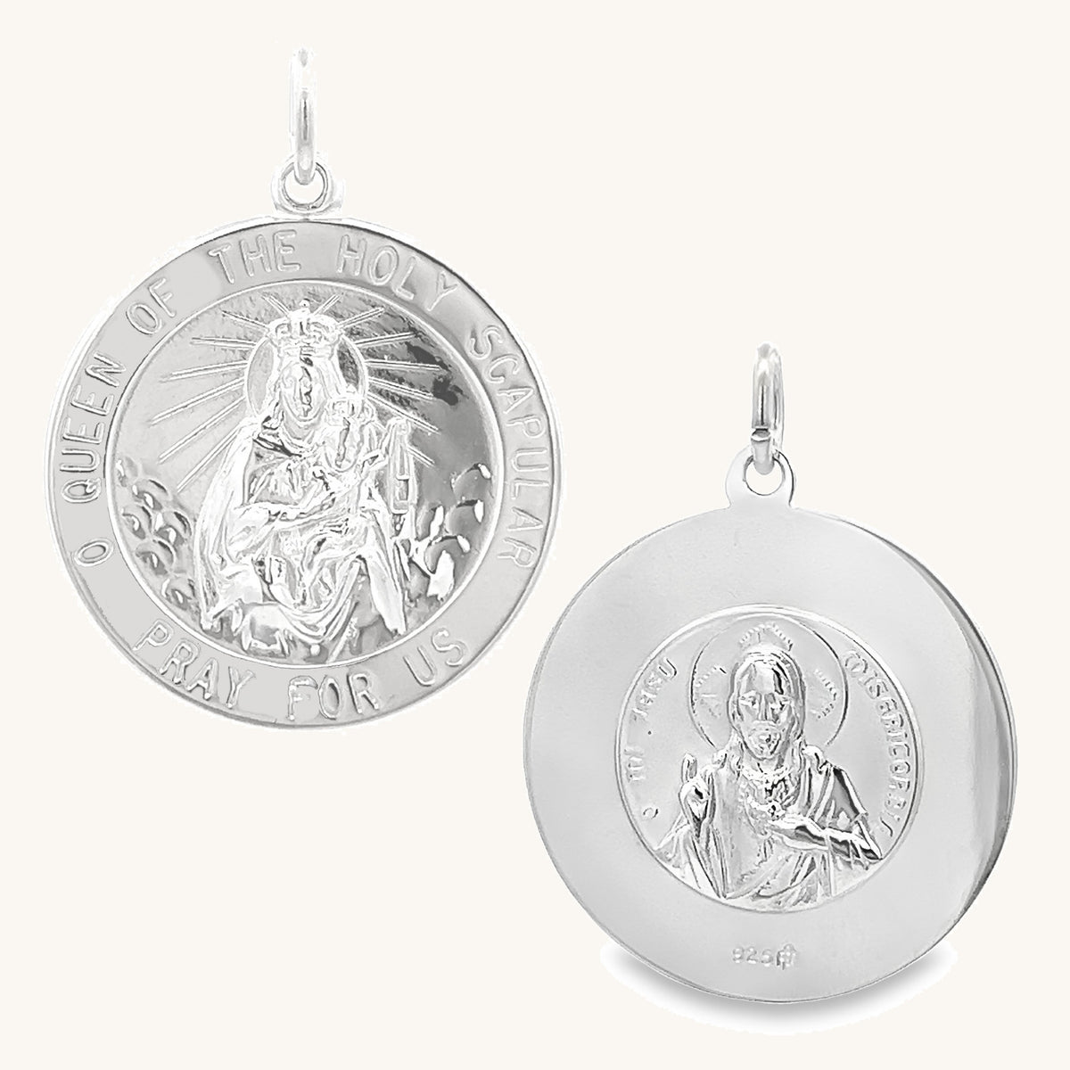 STERLING SILVER HOLY SCAPULAR TWO-SIDED MEDAL | ROUND | Cross + Crown