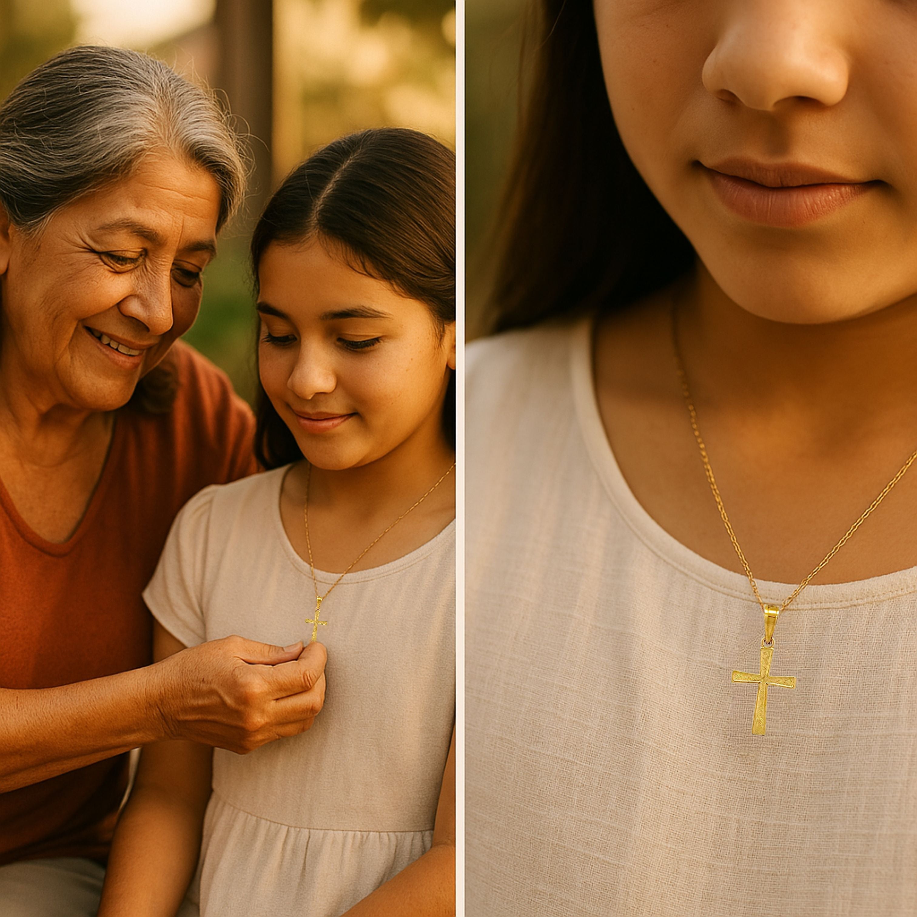 14K Yellow Gold XXS Tiny Cross lifestyle gift girl wearing cross on necklace