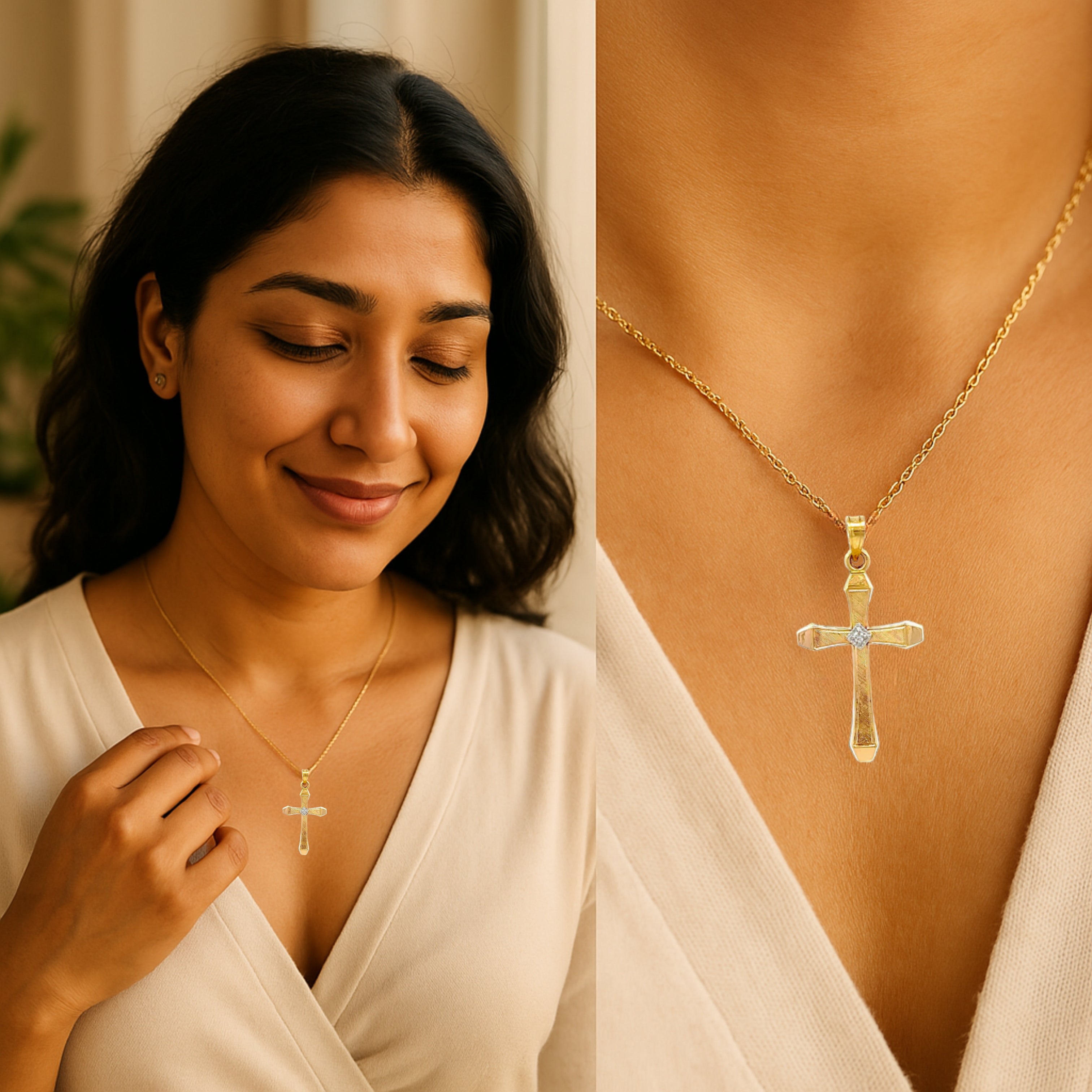 14K White Yellow Gold XS Diamond Cross lifestyle woman wearing on necklace