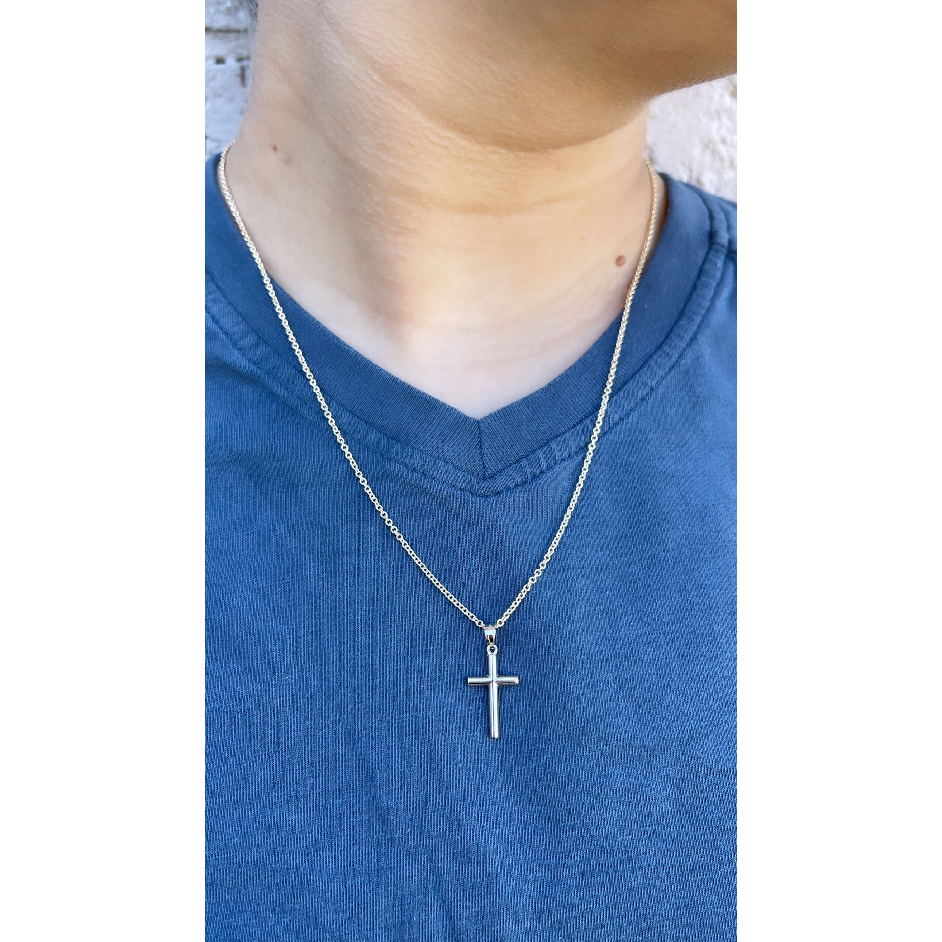 Solid 14K Double Bonded Gold Tube Cross Pendant only XXL XS lifestyle image on woman