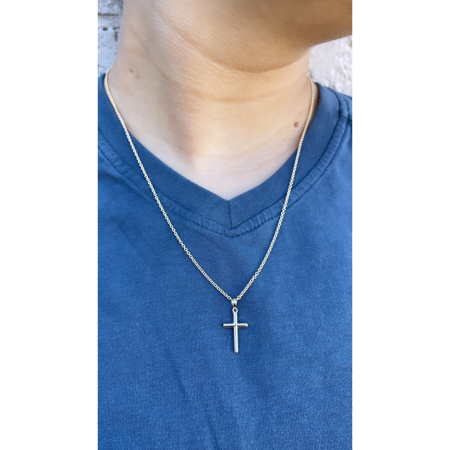 Solid 14K Double Bonded Gold Tube Cross Pendant only XXL XS lifestyle image on woman