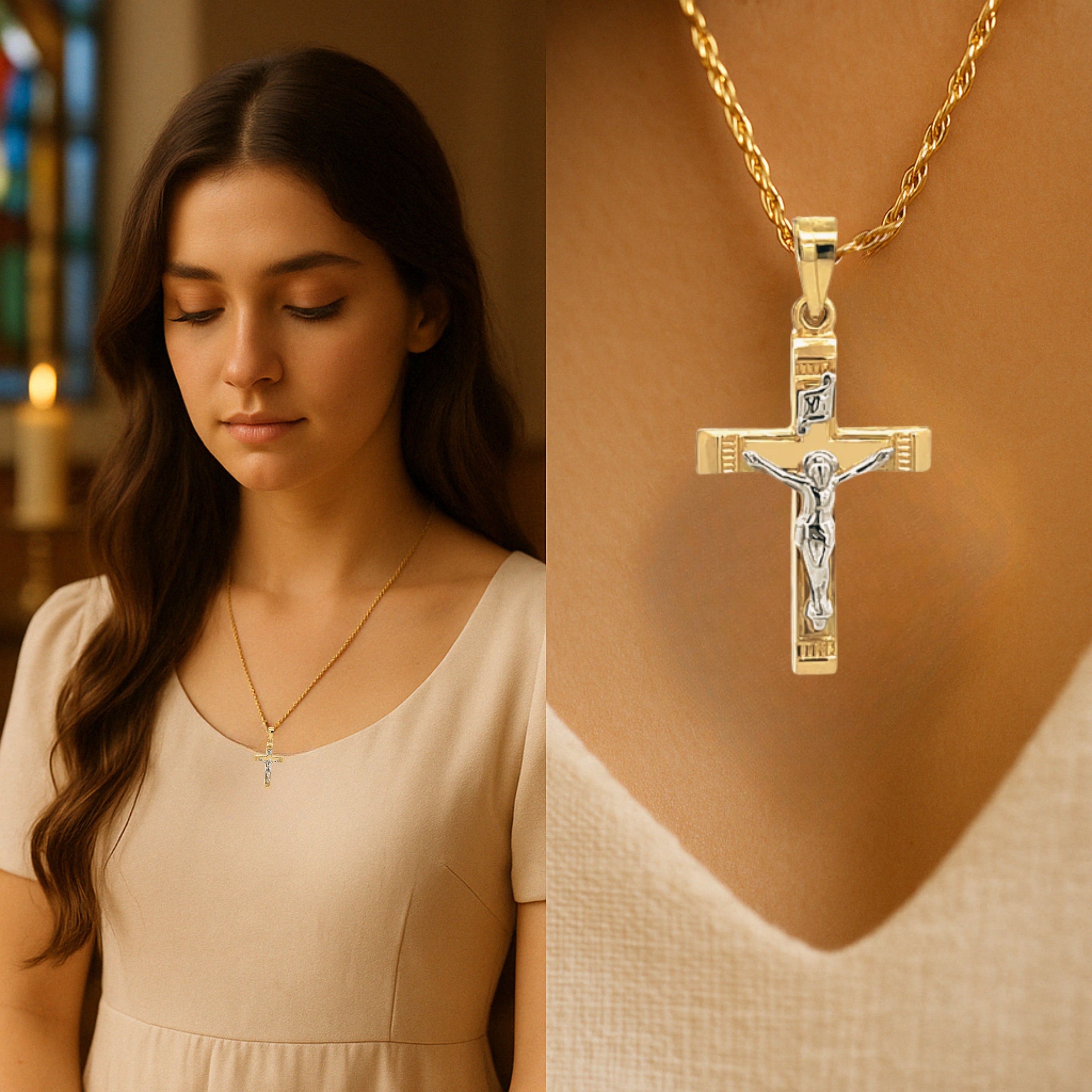 14K Two Tone Gold INRI Crucifix S XS Lifestyle woman wearing crucifix on chain
