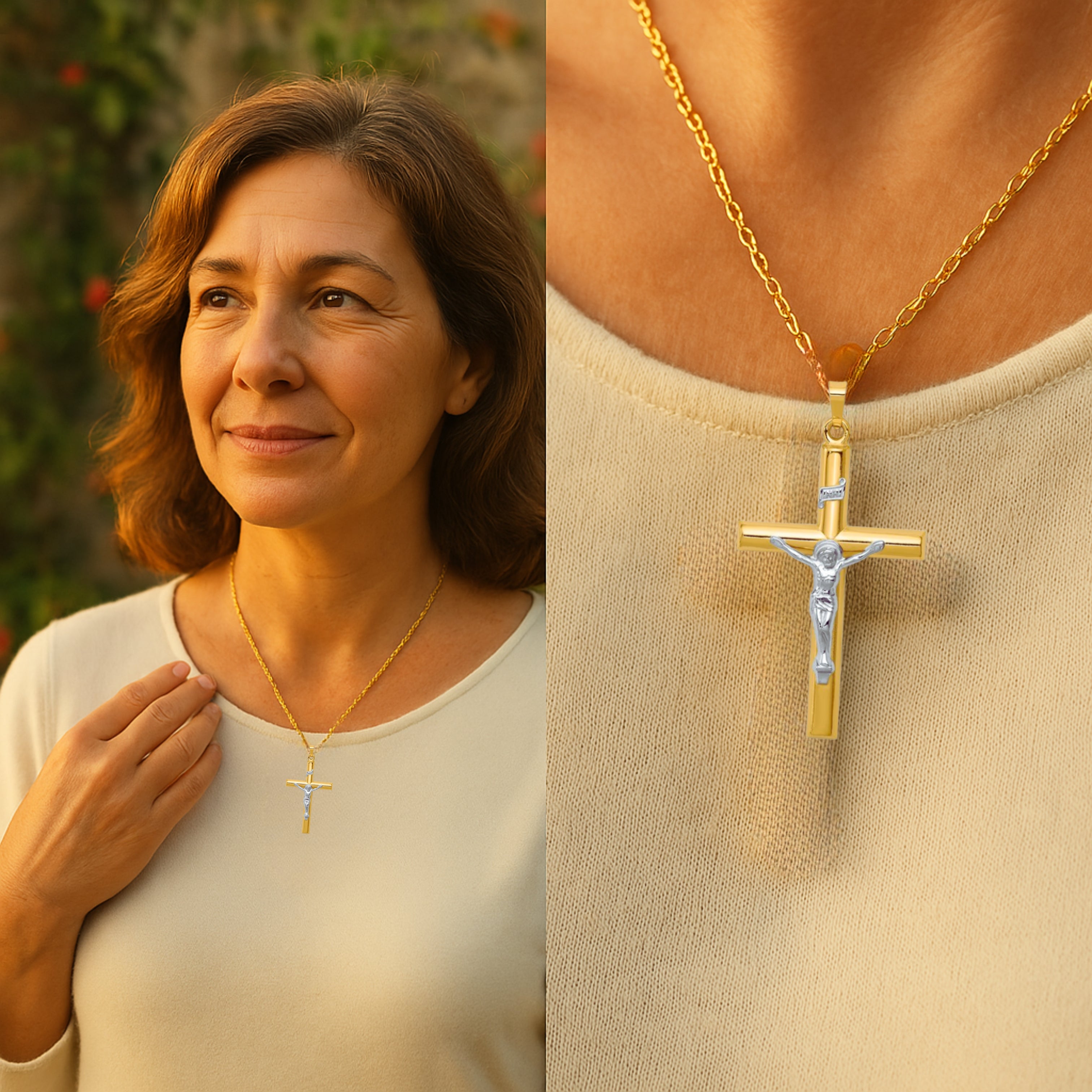 14K White Two Tone Gold XXL XL L M S XS INRI Crucifix lifestyle image man wearing crucifix on chain