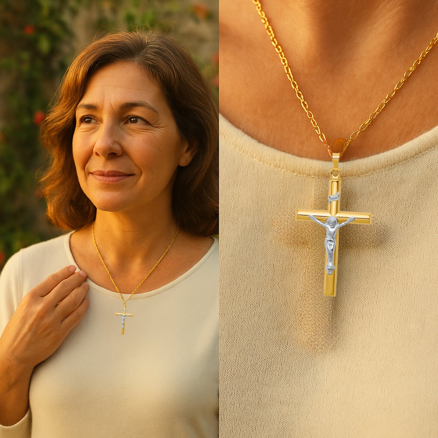 14K White Two Tone Gold XXL XL L M S XS INRI Crucifix lifestyle image man wearing crucifix on chain