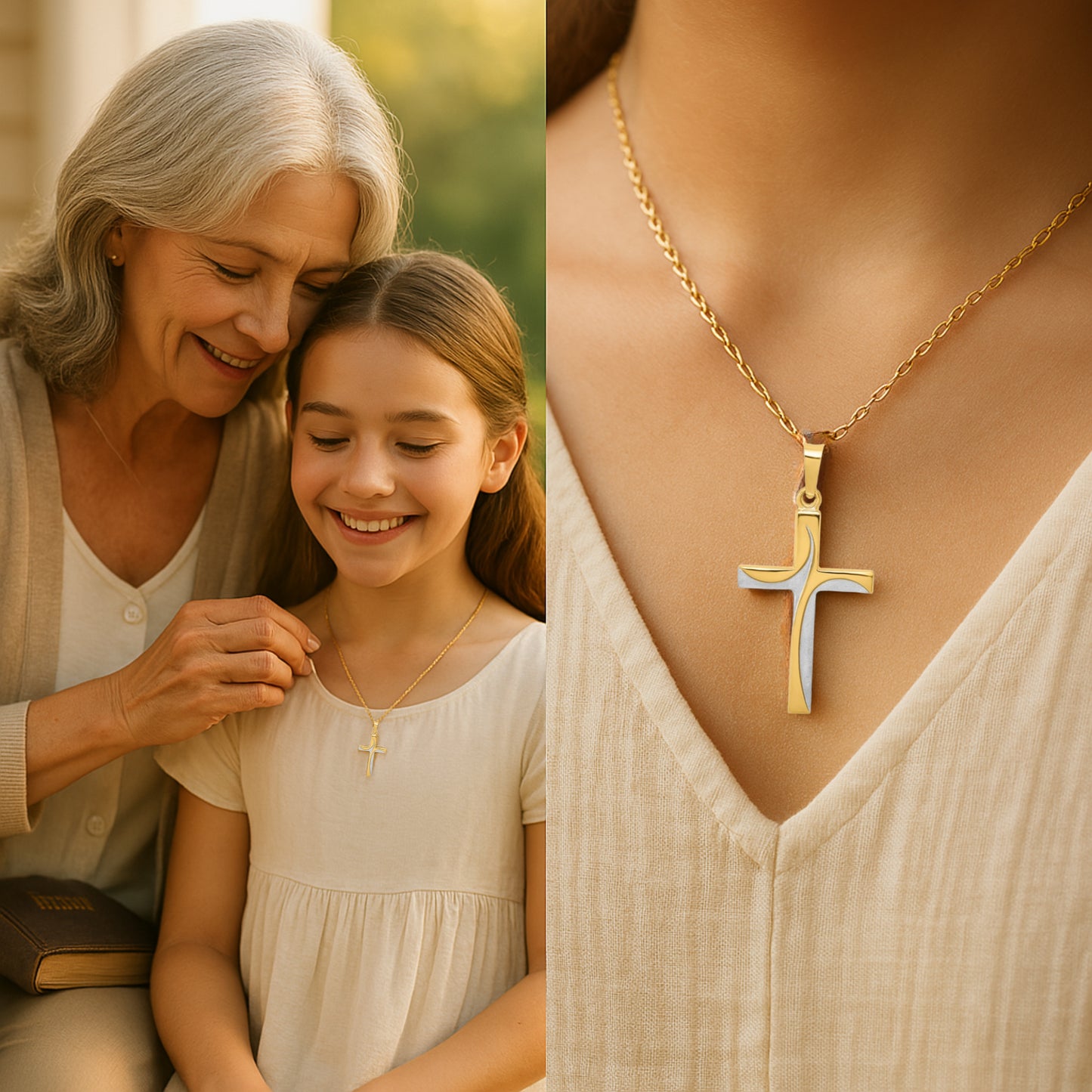 14K Two Tone Gold L S Cross Lifestyle gifting image girl wearing