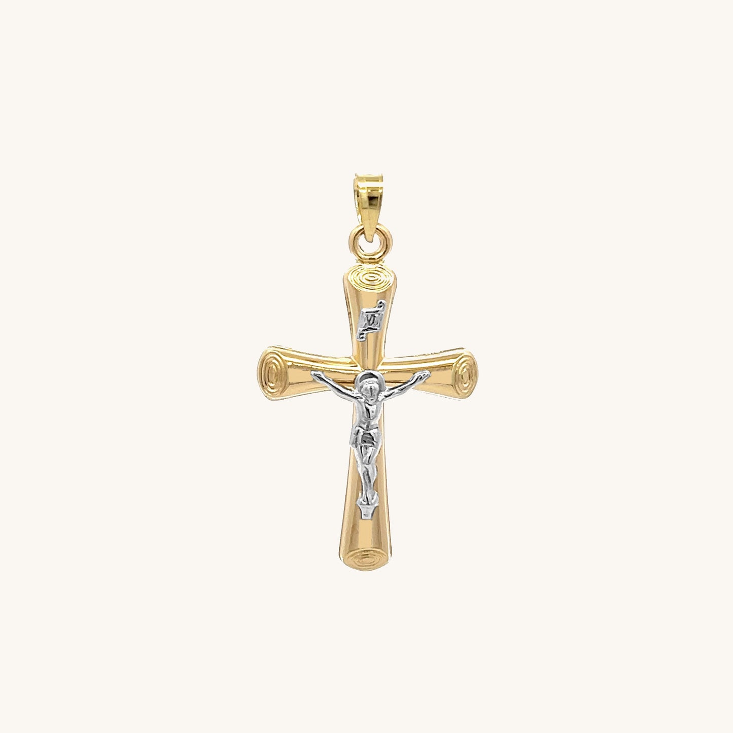 14K Two Tone Gold Circle Edge Crucifix S