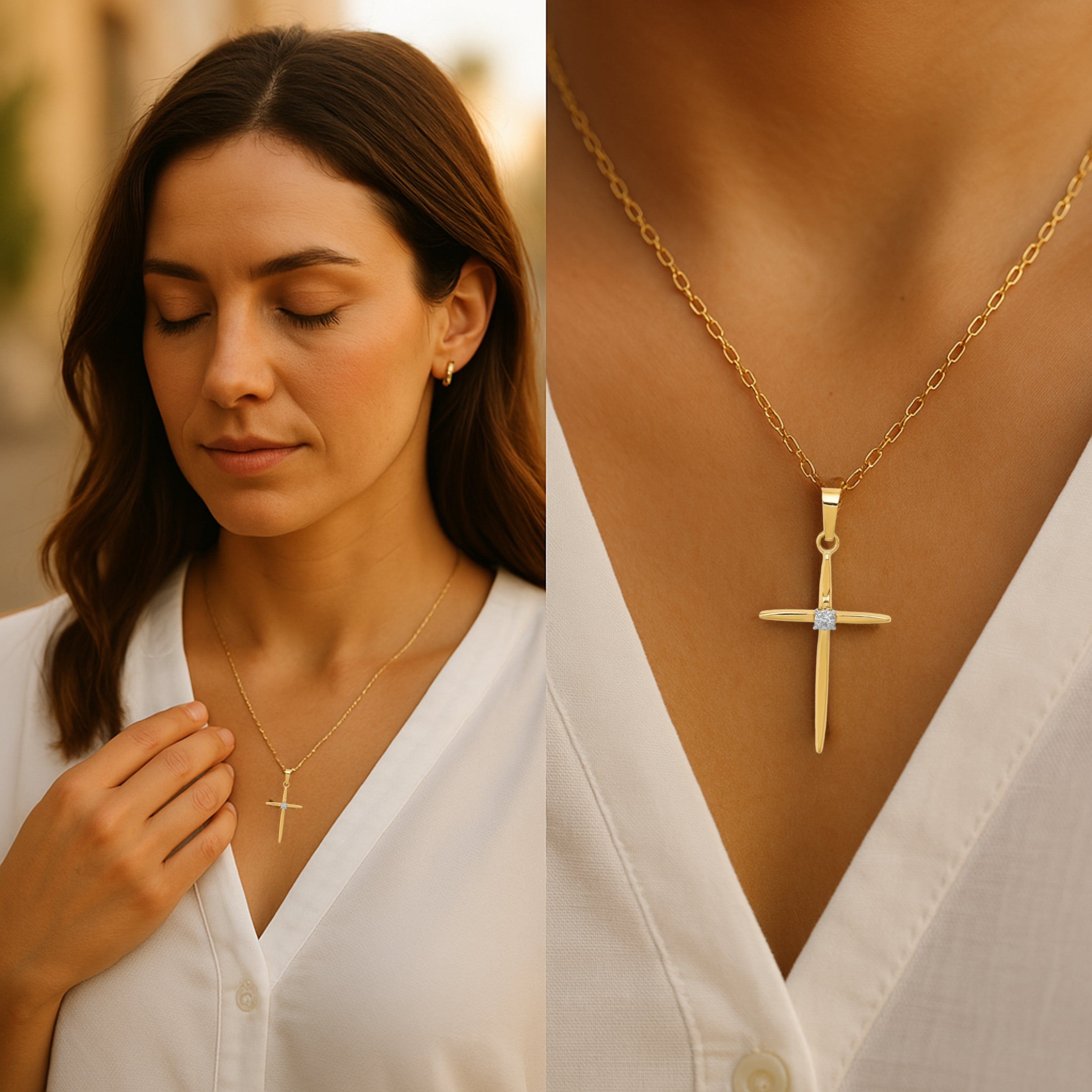14K White Yellow Gold Diamond Cross S Lifestyle woman wearing diamond cross necklace