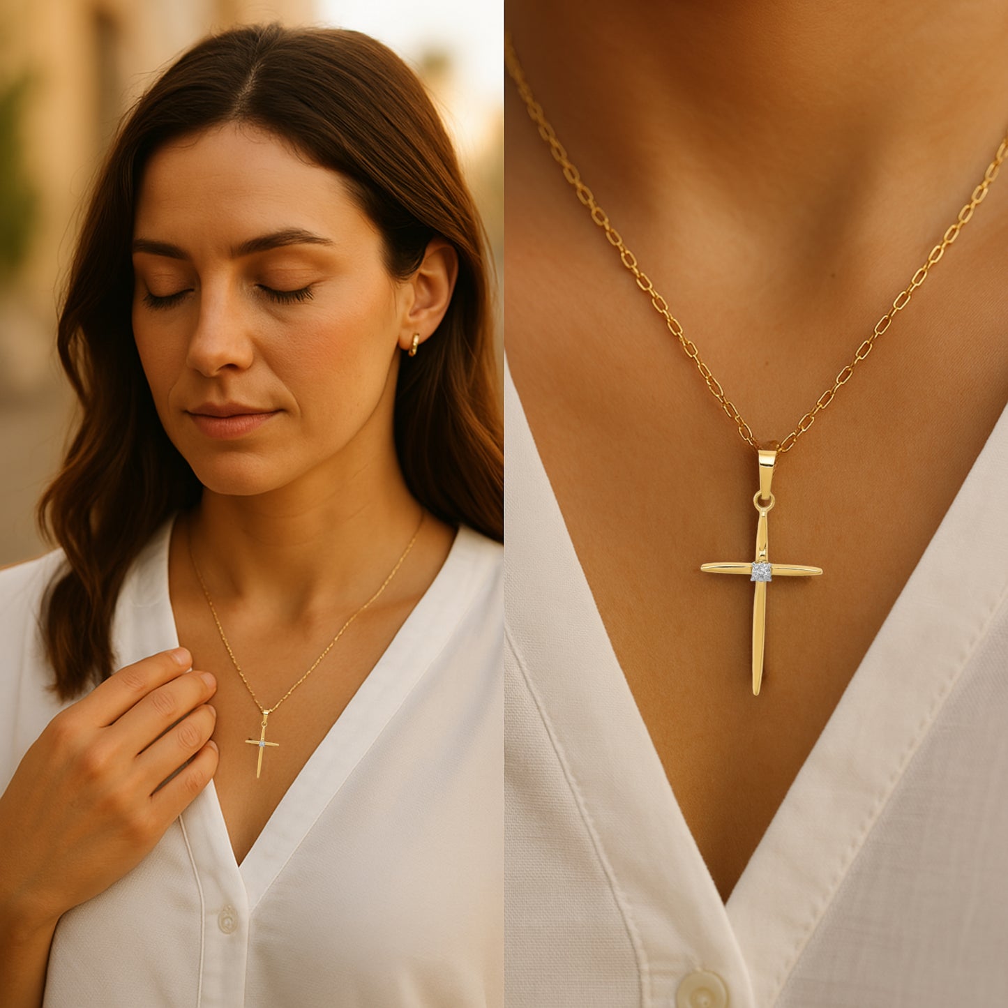 14K White Yellow Gold Diamond Cross S Lifestyle woman wearing diamond cross necklace