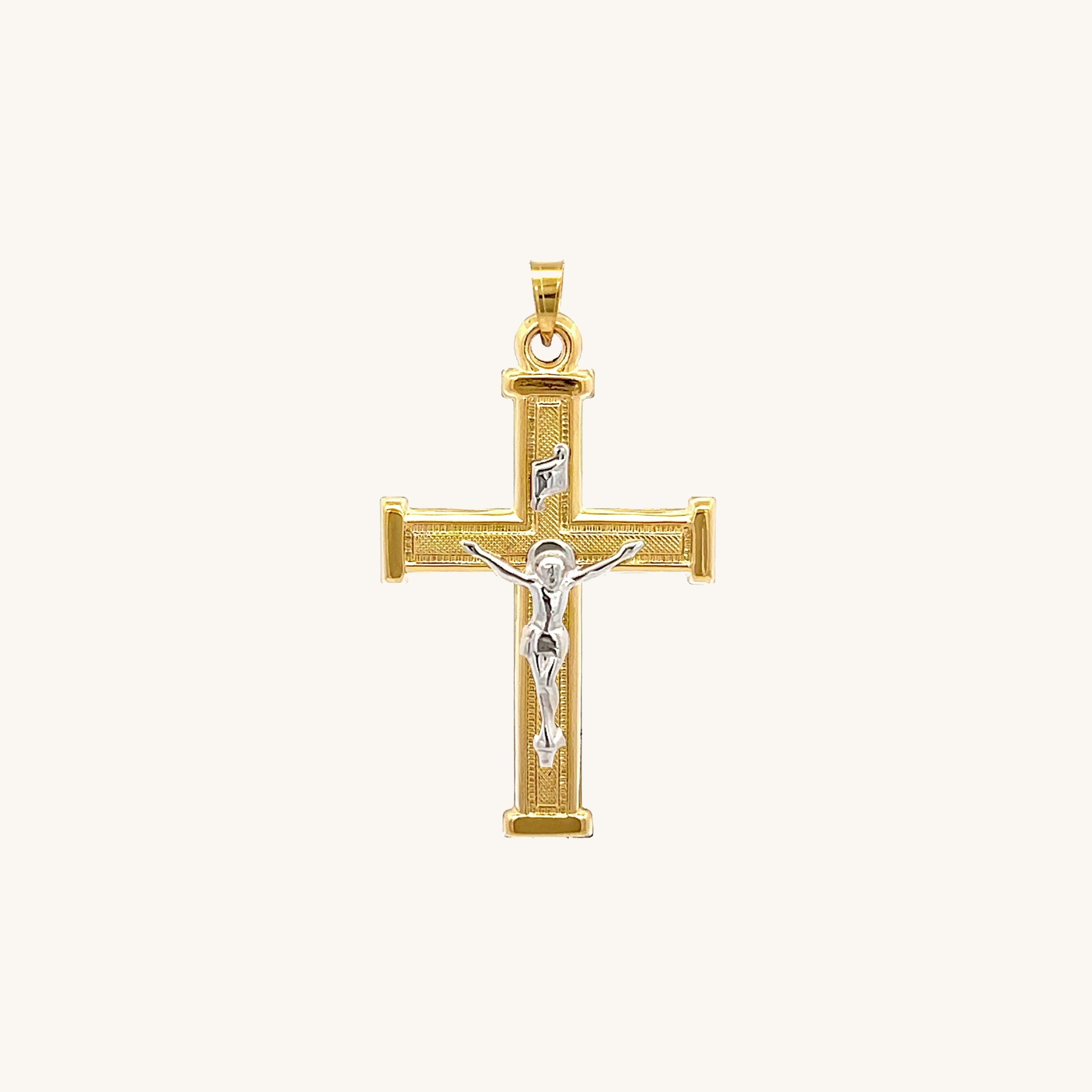 14K Two Tone Gold Gold Textured Square Crucifix S