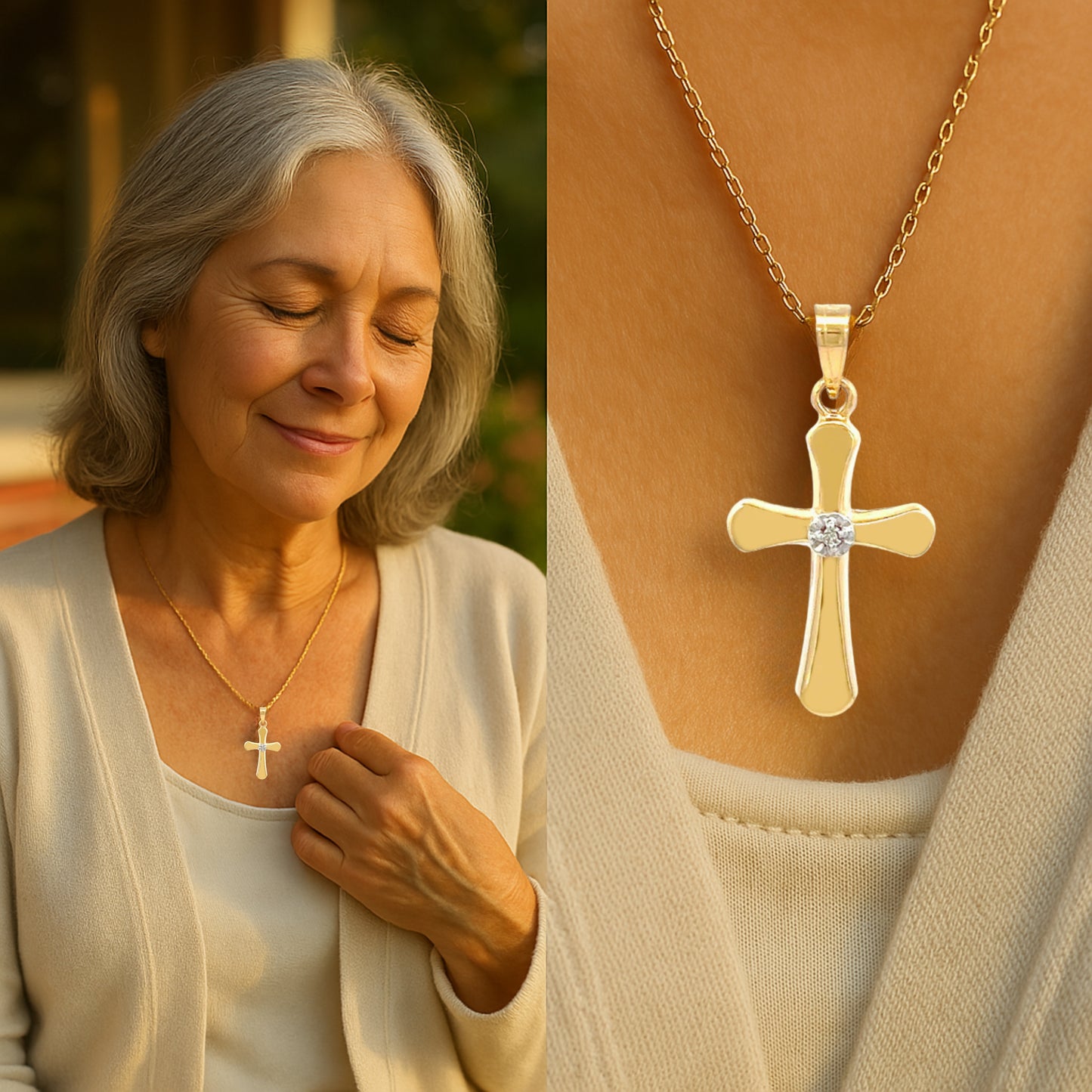 14K White Yellow Gold Diamond Cross M S XS Lifestyle woman wearing on necklace