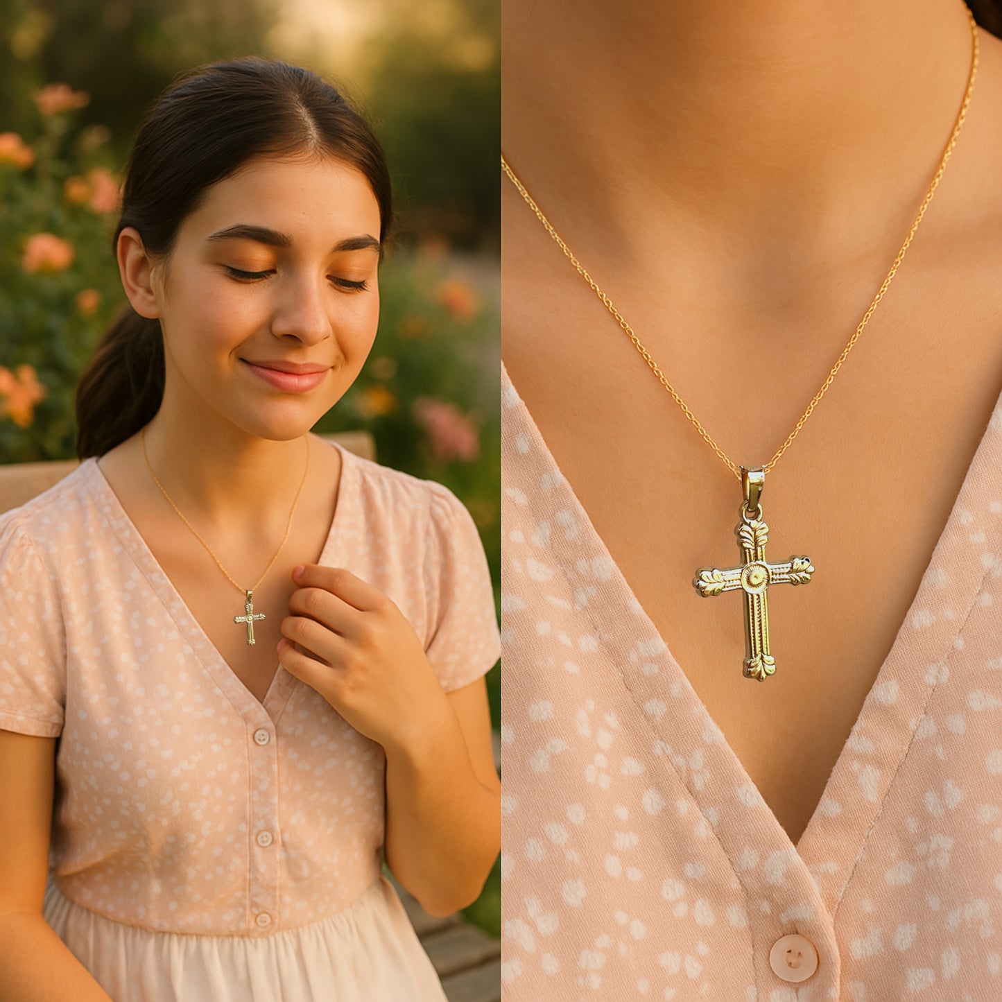 14K Yellow Gold S Cross Textured Design Lifestyle image girl wearing cross on necklace