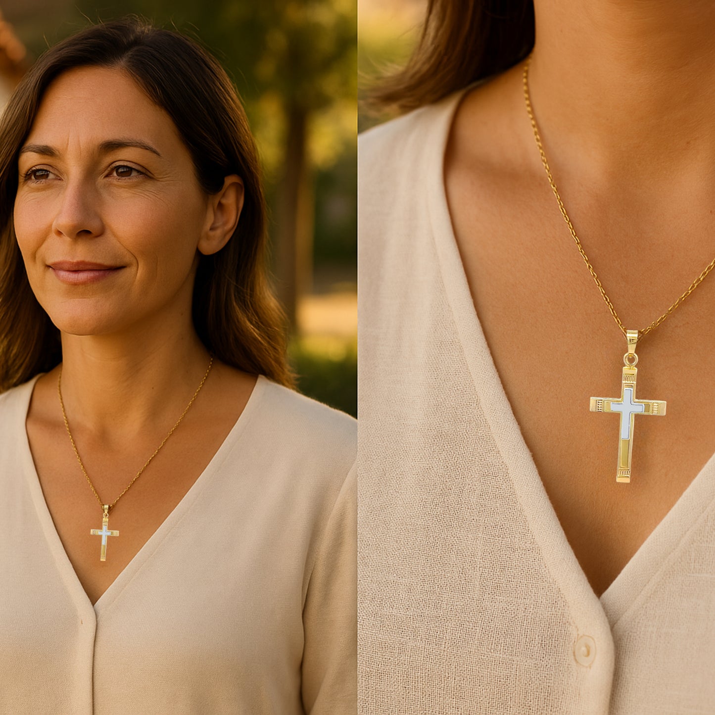 14K Two Tone Gold Cross M S Lifestyle woman wearing cross on necklace image