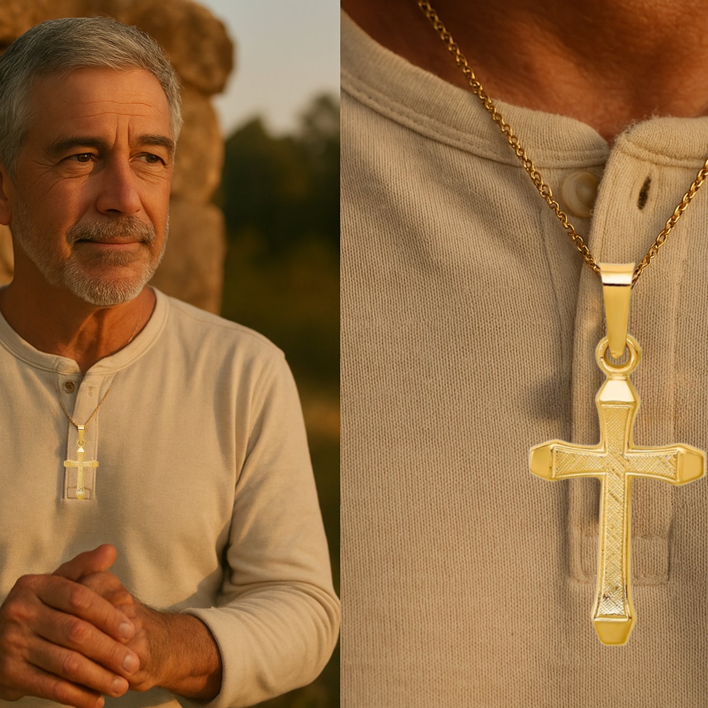 14K Yellow Gold Cross XS S M Lifestyle Textured Cross pendant on man wearing necklace