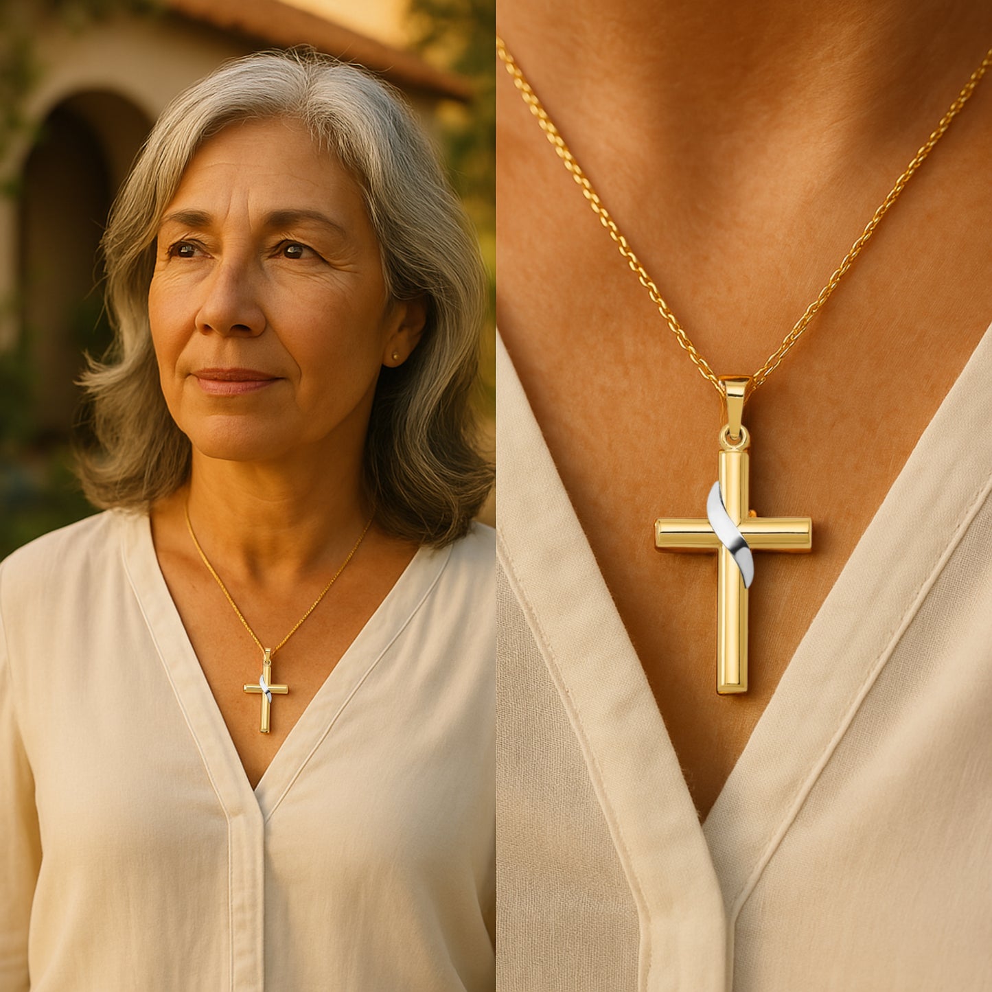 14K Two Tone Gold Cross XS M XL lifestyle image woman wearing pendant