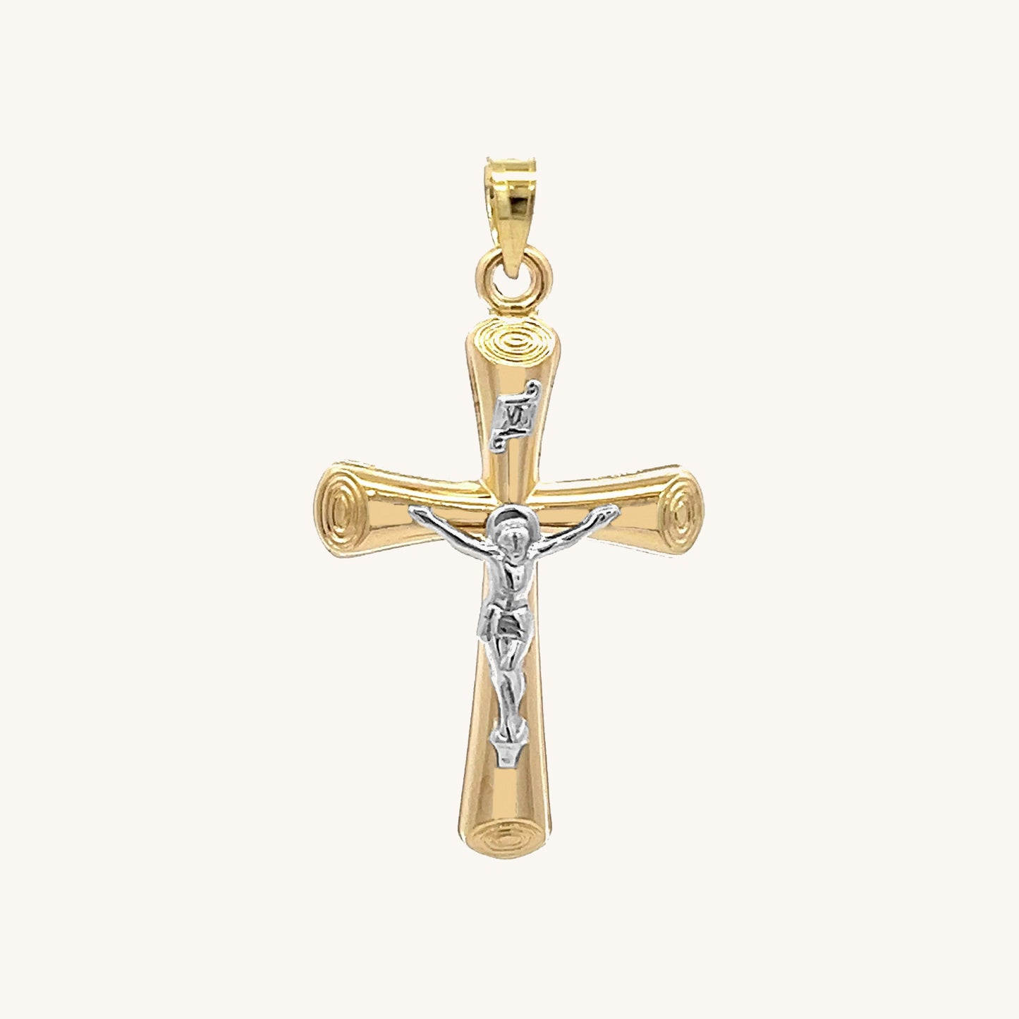 14K Two Tone Gold Circle Edge Crucifix M