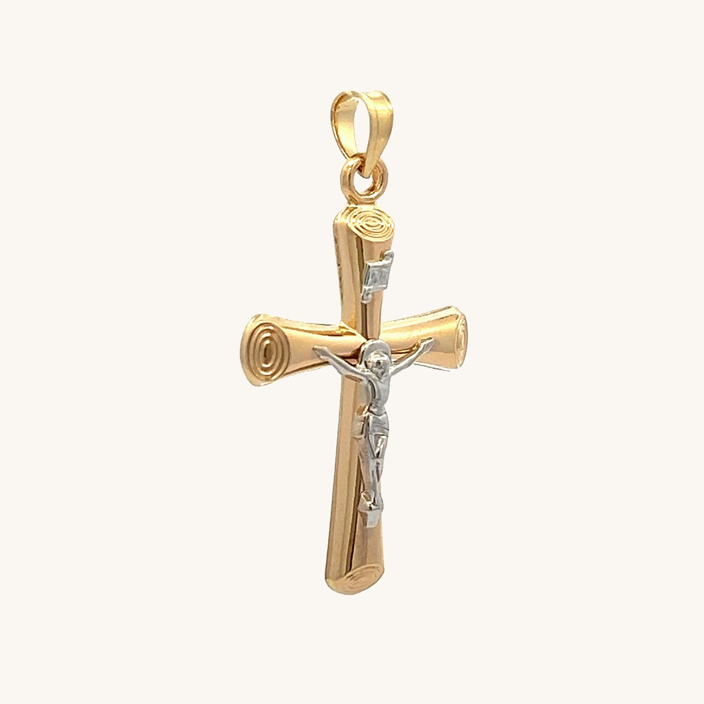 14K Two Tone Gold Circle Edge Crucifix L M S