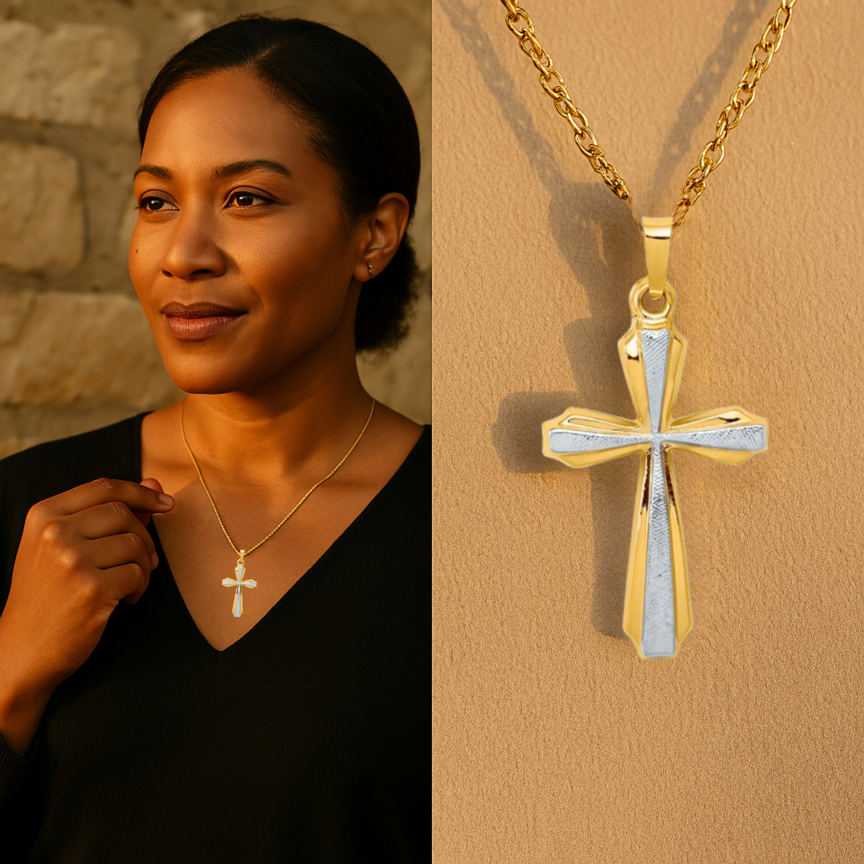 14K Two Tone Gold M Cross lifestyle woman wearing cross on necklace