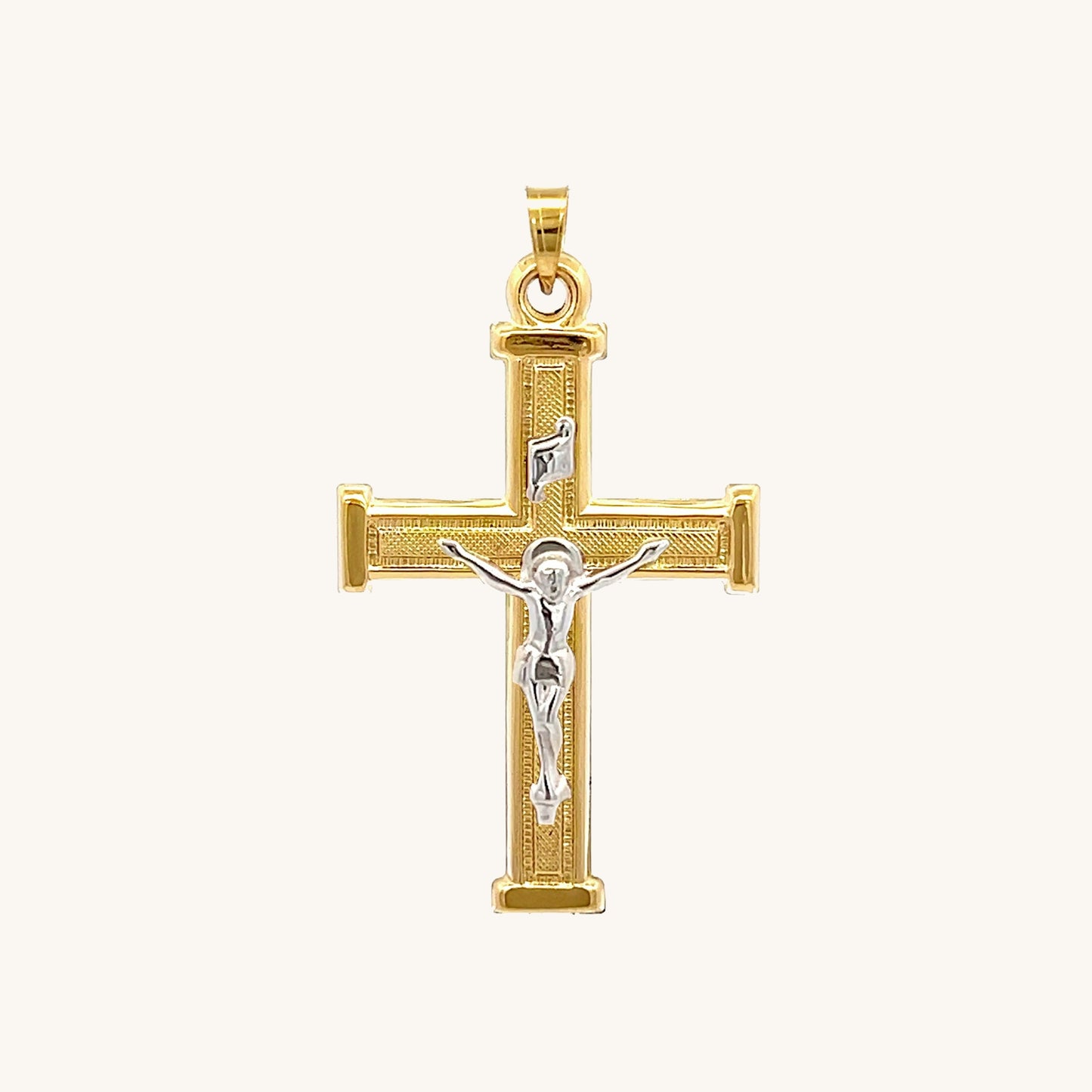 14K Two Tone Gold Textured Square Crucifix M