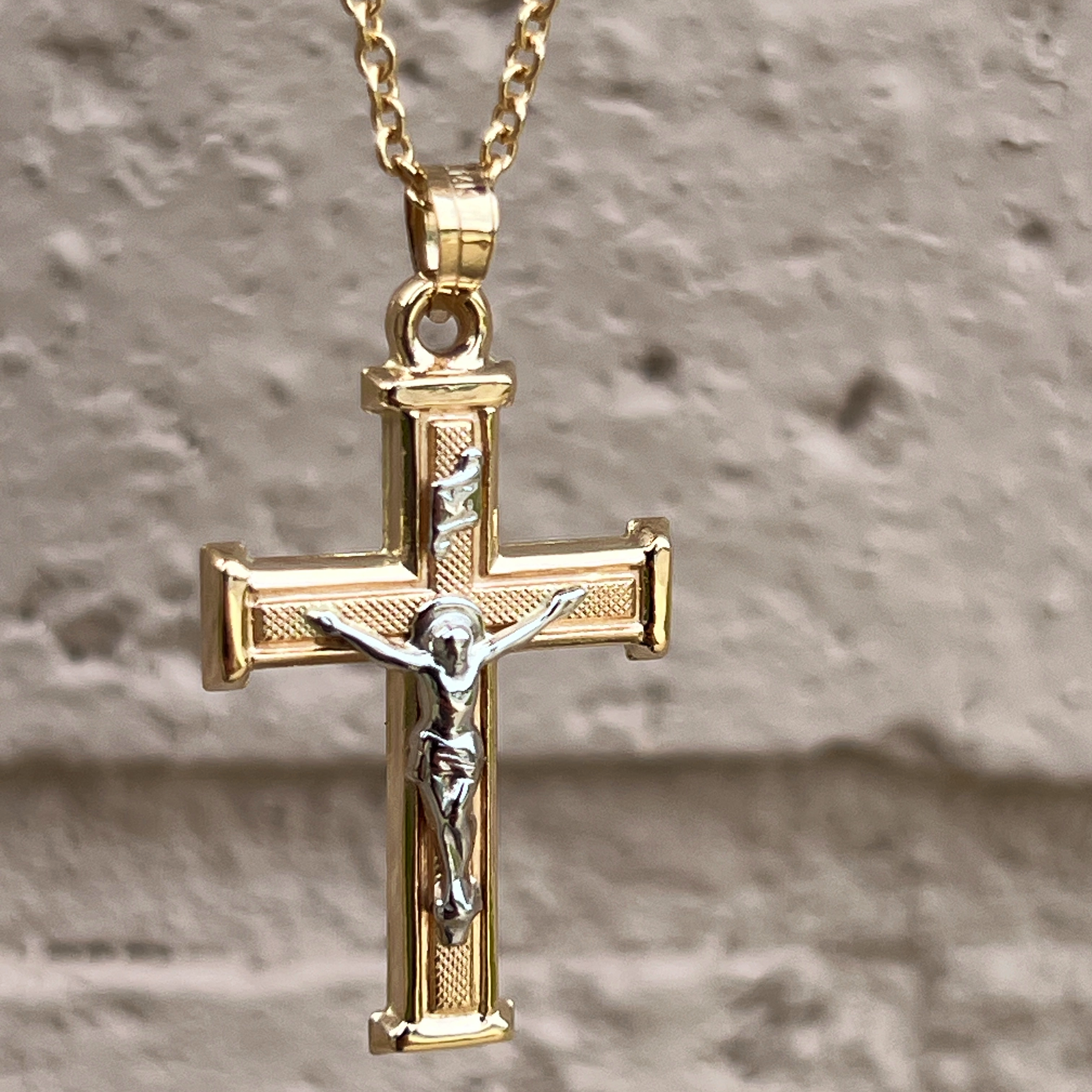 14K White Two Tone Gold Textured Square Crucifix L M S Lifestyle