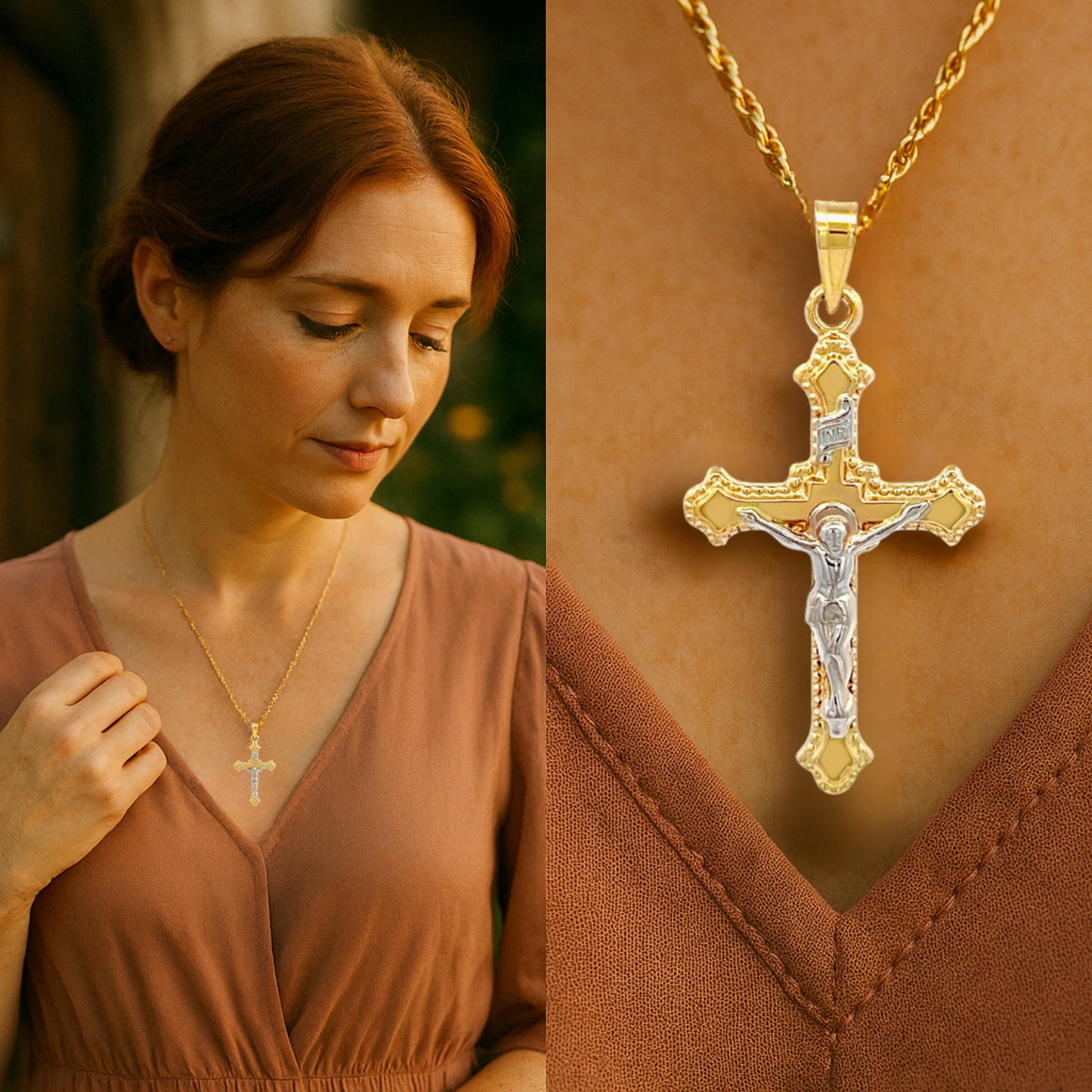 14K White Two Tone Gold Crucifix M S XS XL Lifestyle woman wearing inri crucifix on chain