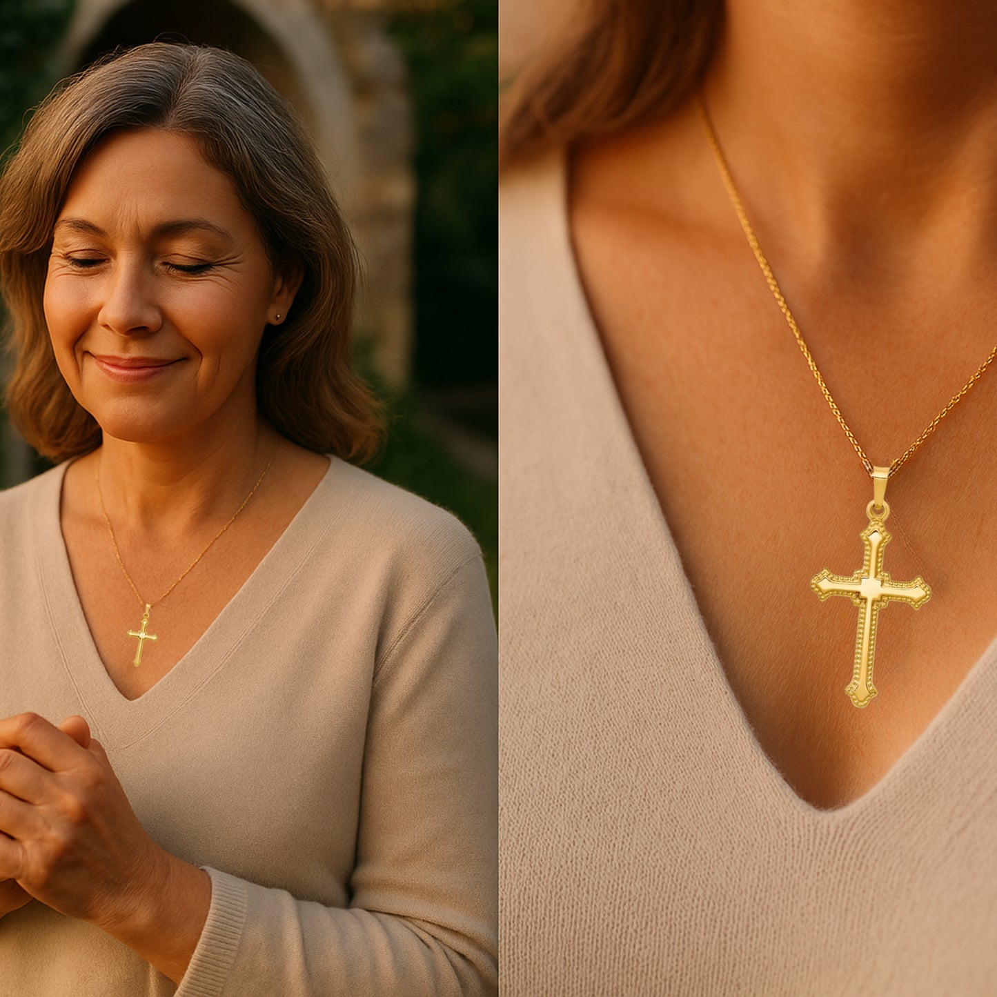 14K Yellow White Gold Budded Edge Cross pendant XL M S XS lifestyle woman wearing cross on necklace
