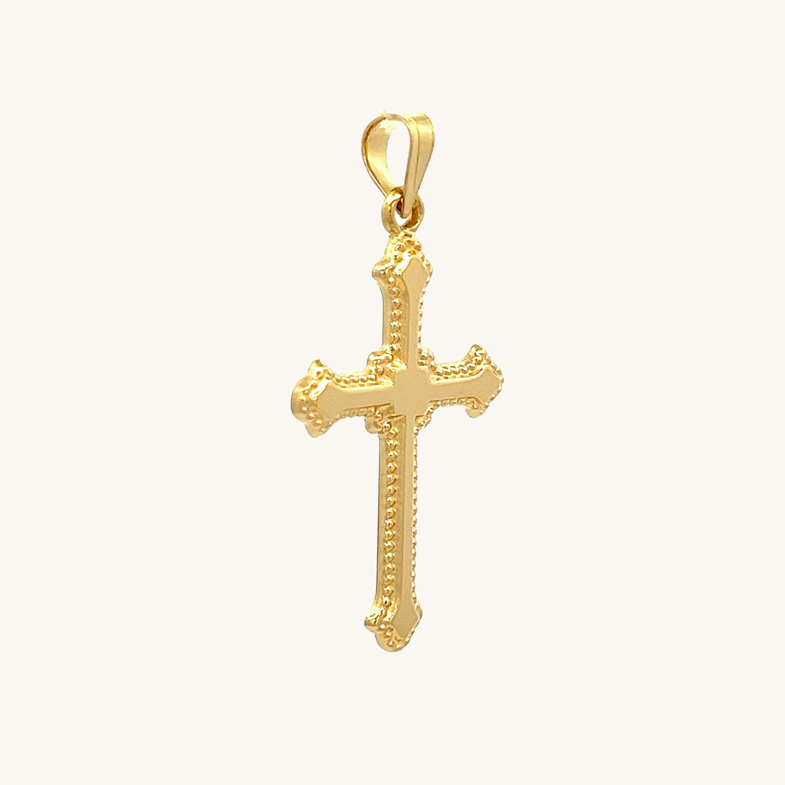 Solid 14K Double Bonded Gold Cross M size Budded edge pendant only angle image