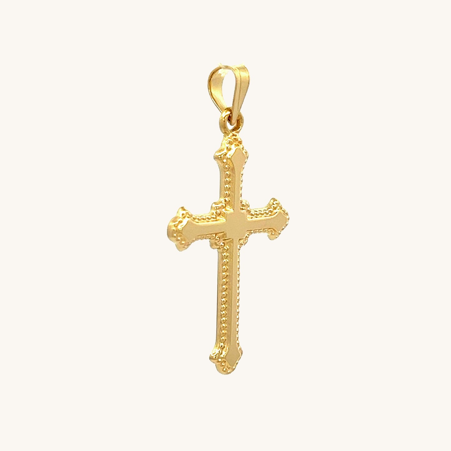 Solid 14K Double Bonded Gold Cross M size Budded edge pendant only angle image