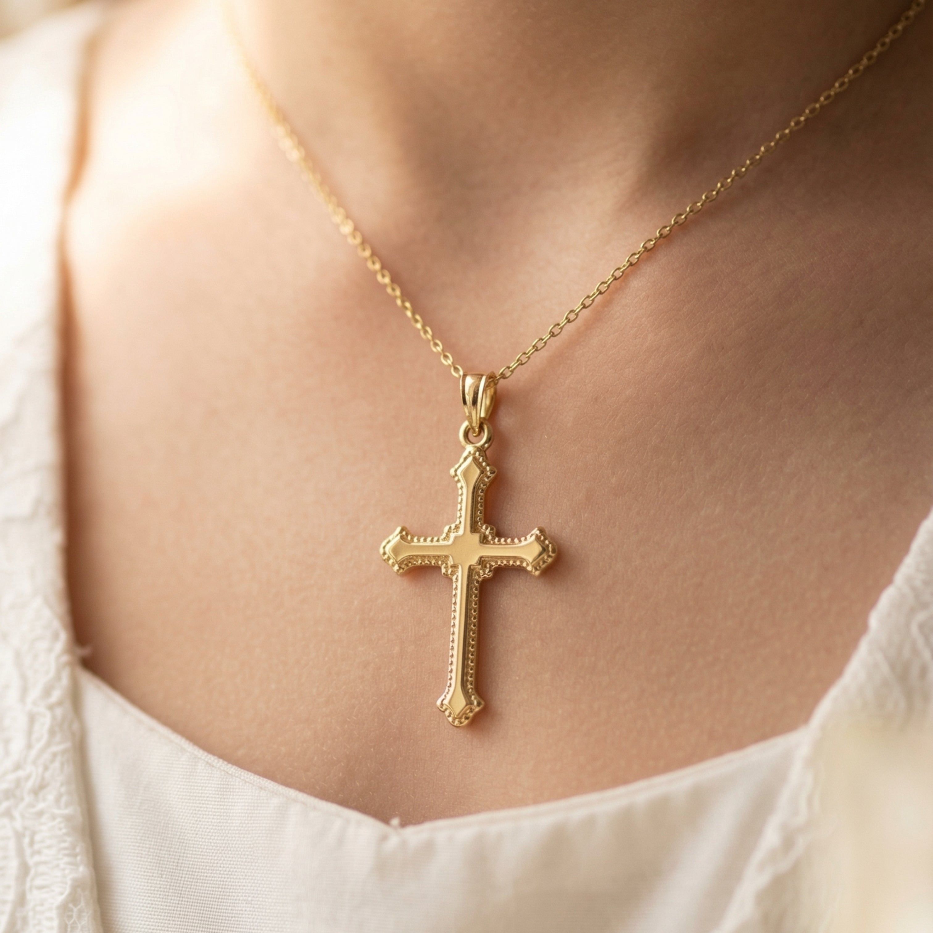 14K Yellow White Gold Budded Edge Cross pendant XL M S XS lifestyle girl wearing cross on necklace