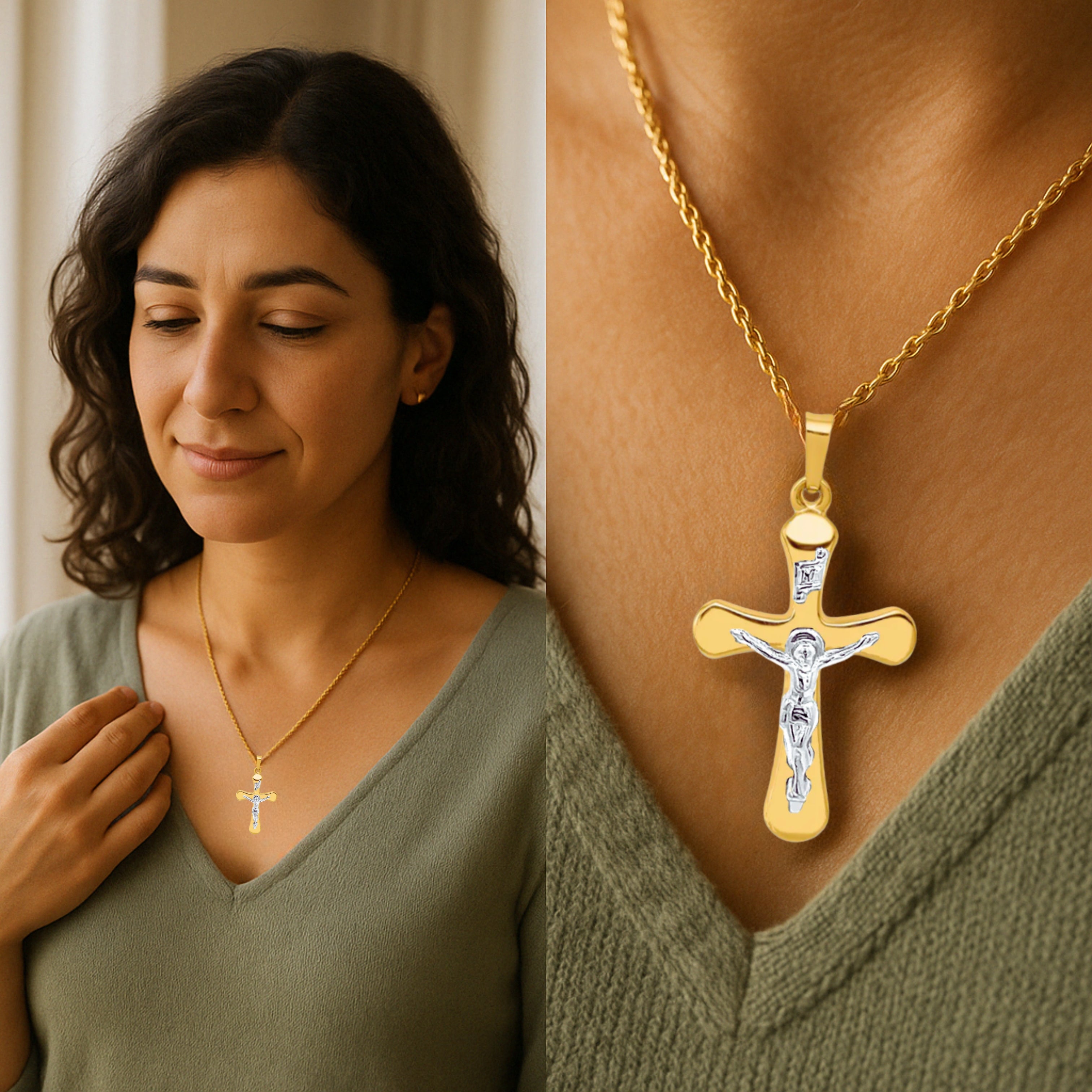 14K White Two Tone Gold Rounded Crucifix M S XS lifestyle woman wearing inri crucifix on chain