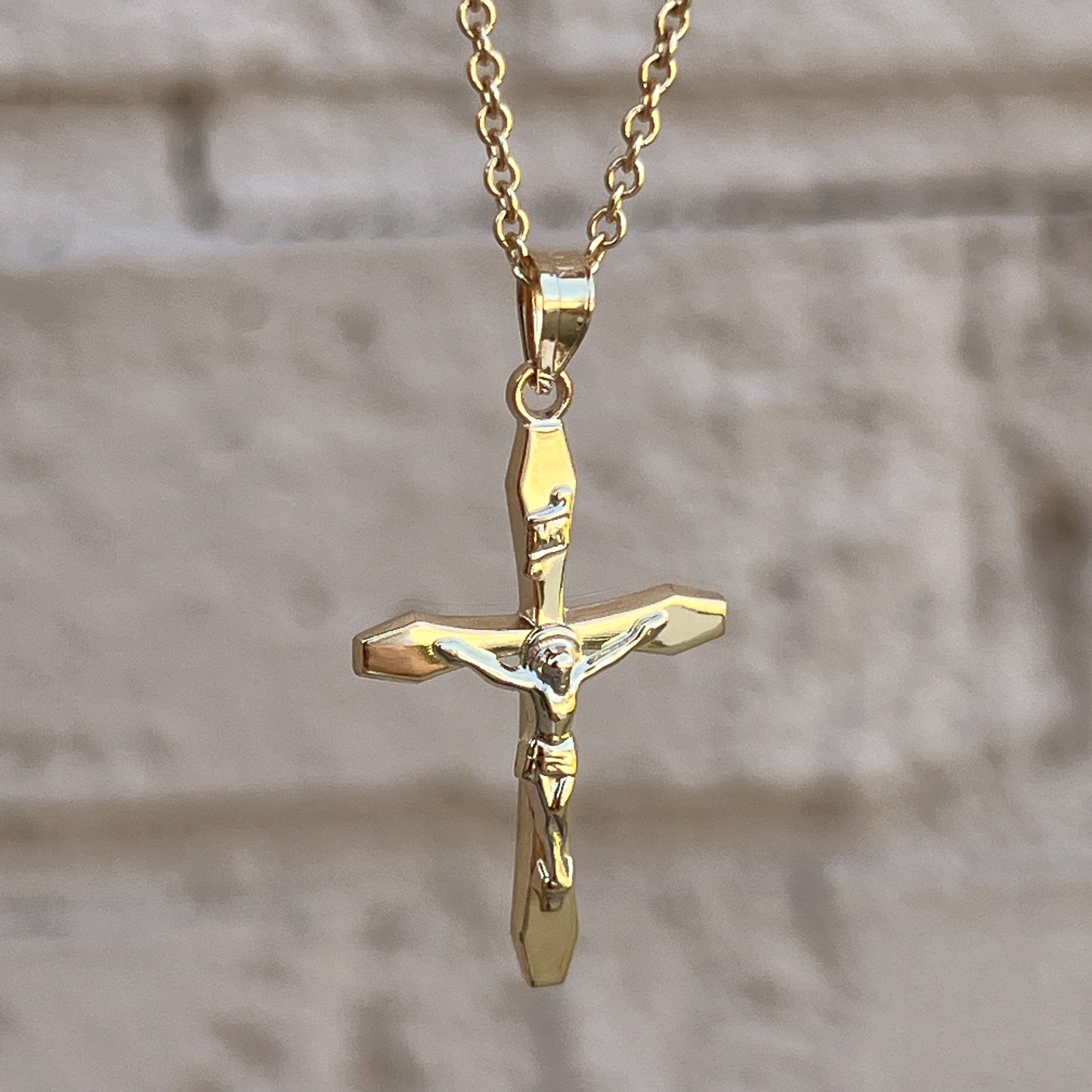 14K Double Bonded Gold INRI Crucifix Cross M size pendant only lifestyle image on chain