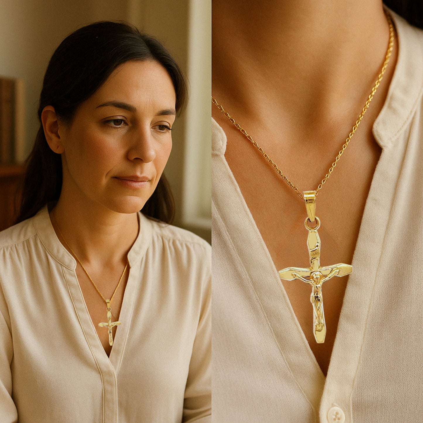 14K Yellow Gold Crucifix M S Lifestyle woman wearing inri crucifix on chain