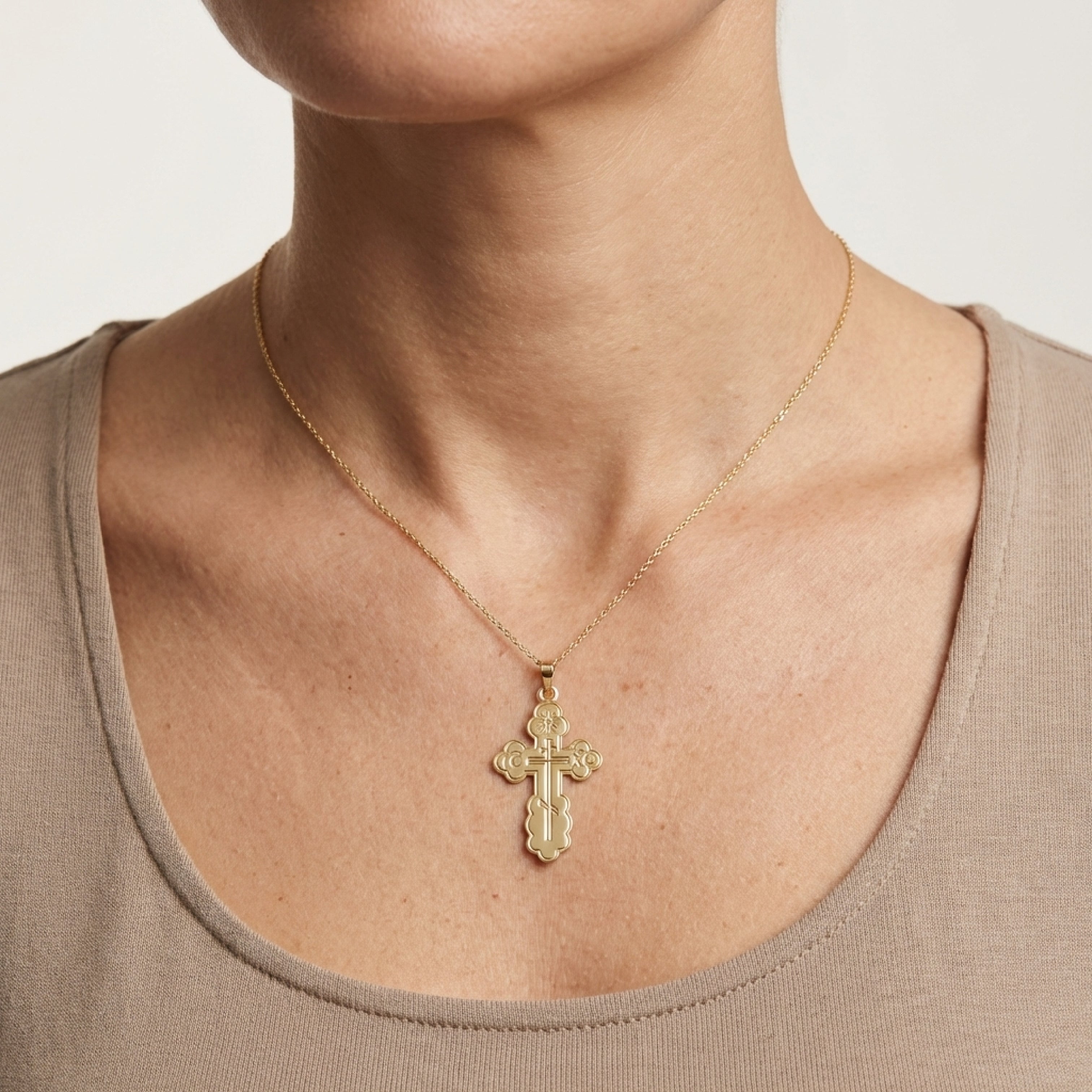 14K Yellow White Gold Orthodox Cross XXL L M S Lifestyle woman wearing Cross on chain