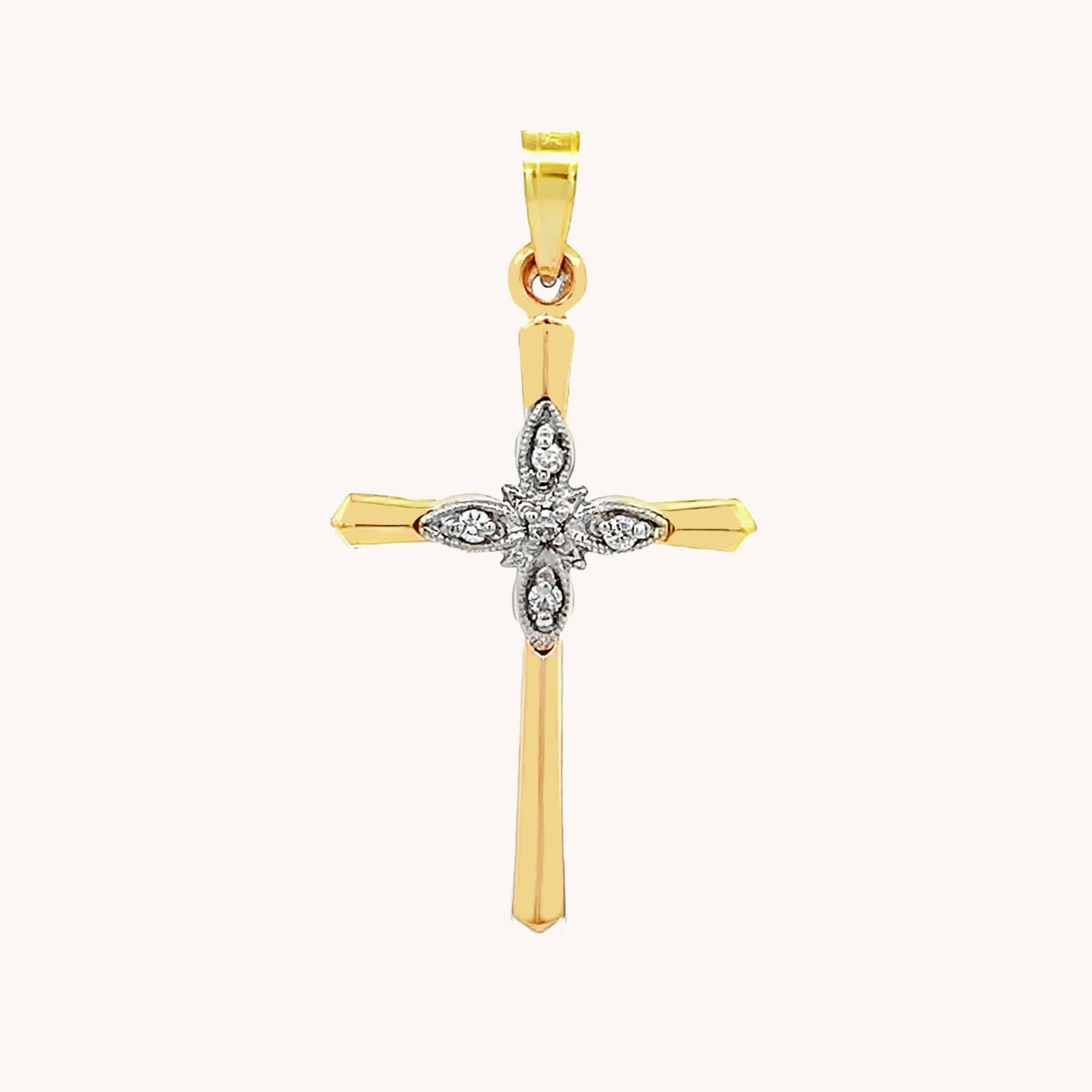 14K Yellow Gold 5 Diamond Cross M Diamond Cross Necklace