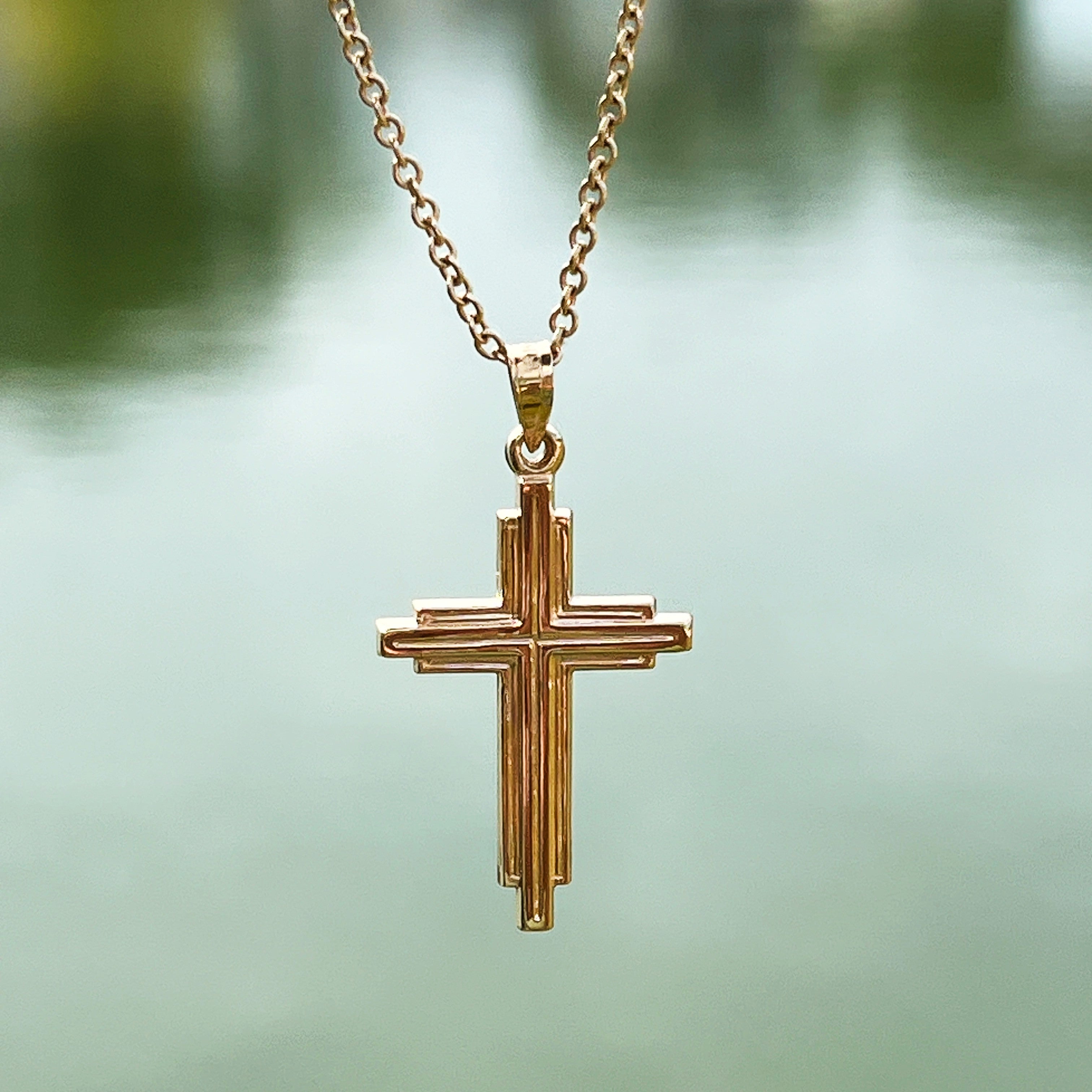 14K Yellow Gold M Layered Cross Pendant Necklace lifestyle image