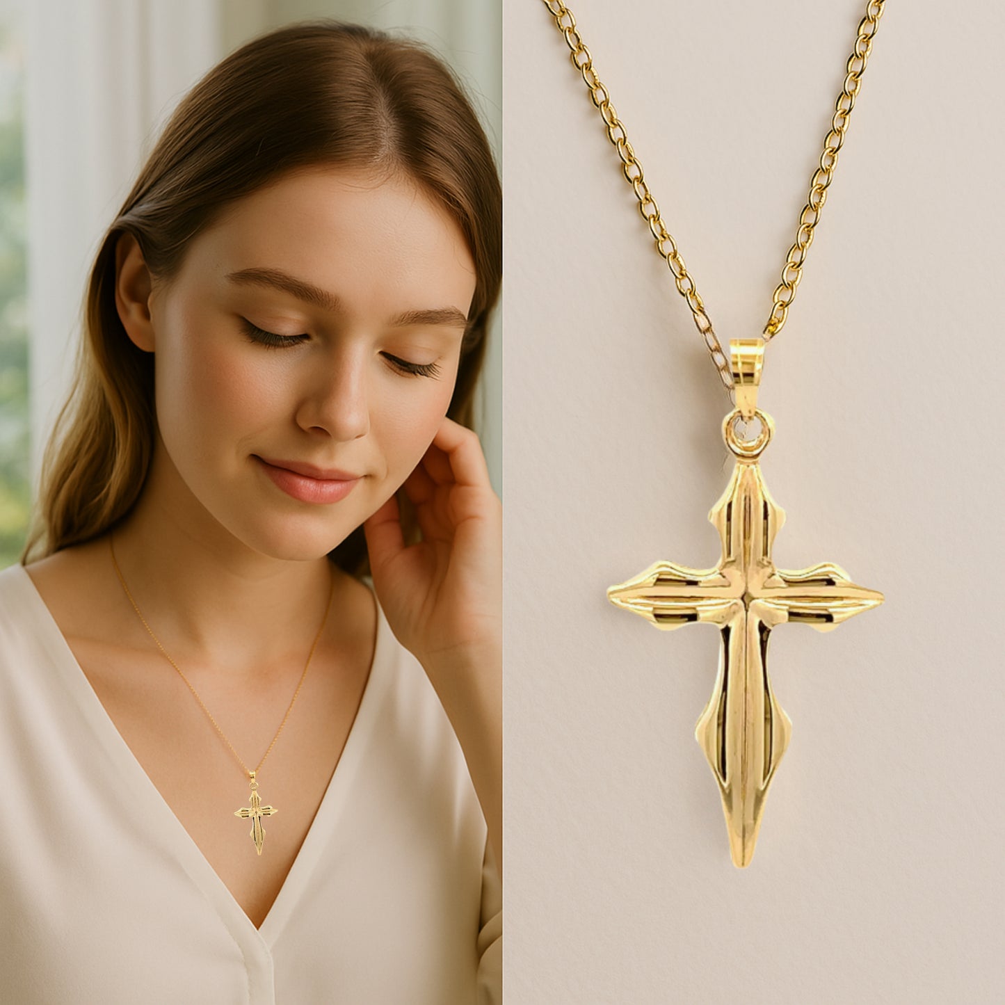 14K Yellow Gold M Pointed edge design Cross lifestyle image woman wearing cross on necklace